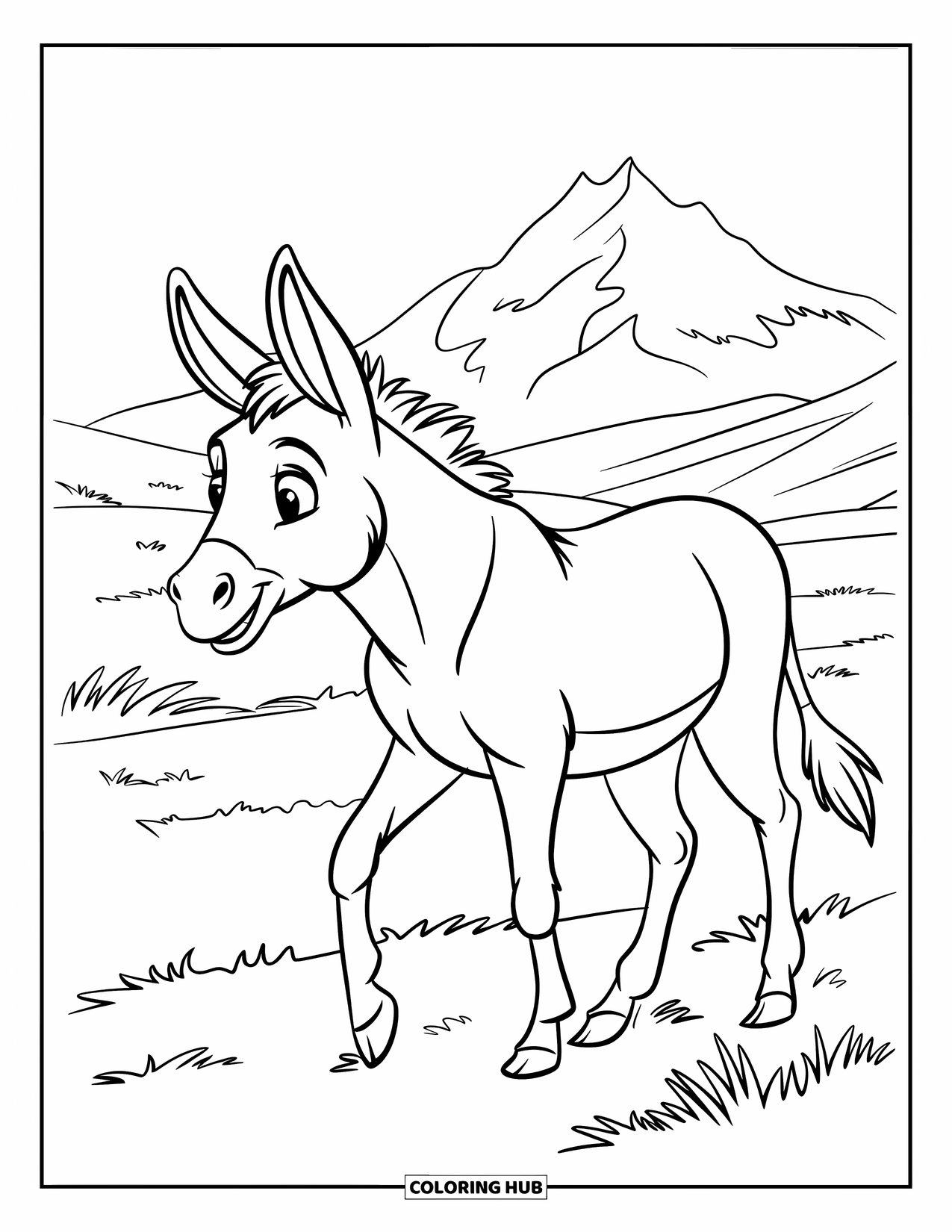 Desenho de Burro para Colorir para Crianças: Um burro caminha por um prado com flores, indo em direção a uma montanha distante