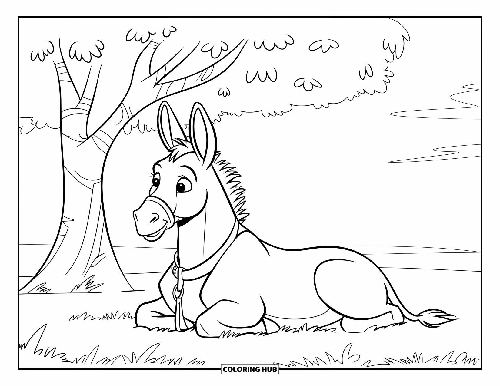 Desenho de Burro para Colorir para Crianças: Um burro usando uma coleira relaxa sob uma árvore, desfrutando de um dia arejado e relaxante
