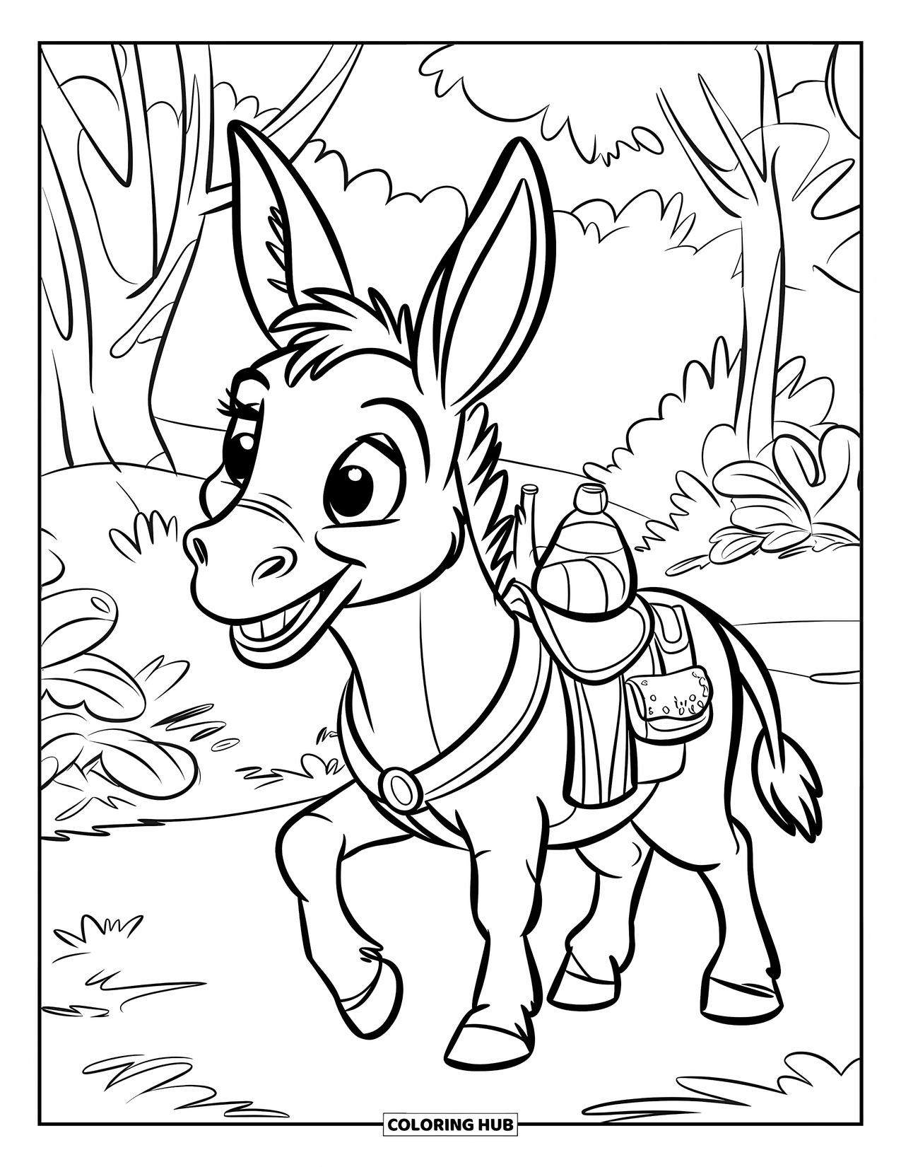 Desenho de Burro para Colorir para Crianças: Um burro com uma bolsa amarrada à sua sela está perto de um caminho florestal, pronto para a aventura