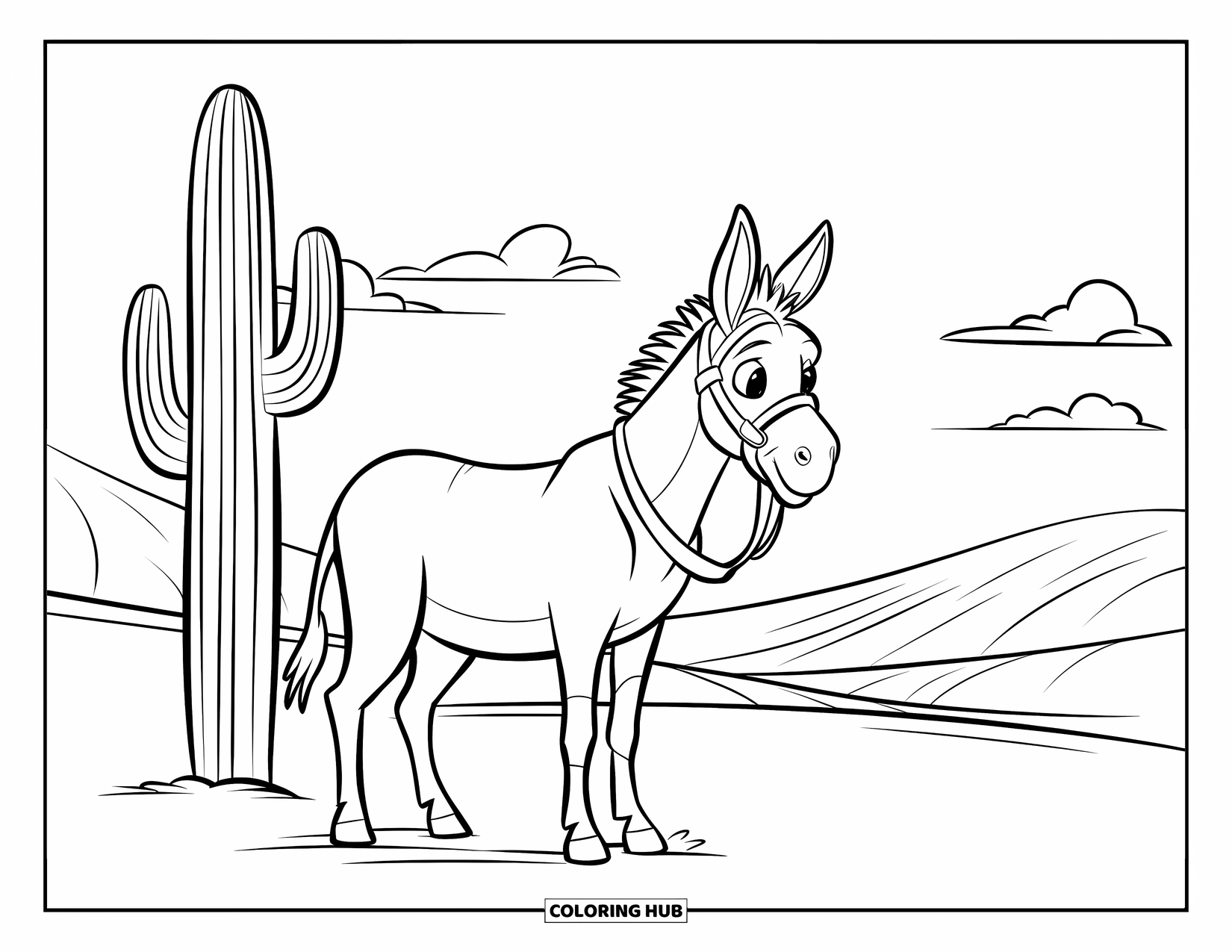 Desenho de Burro para Colorir para Crianças: Um burro com uma rédea observa dunas de areia onduladas sob um céu desértico brilhante
