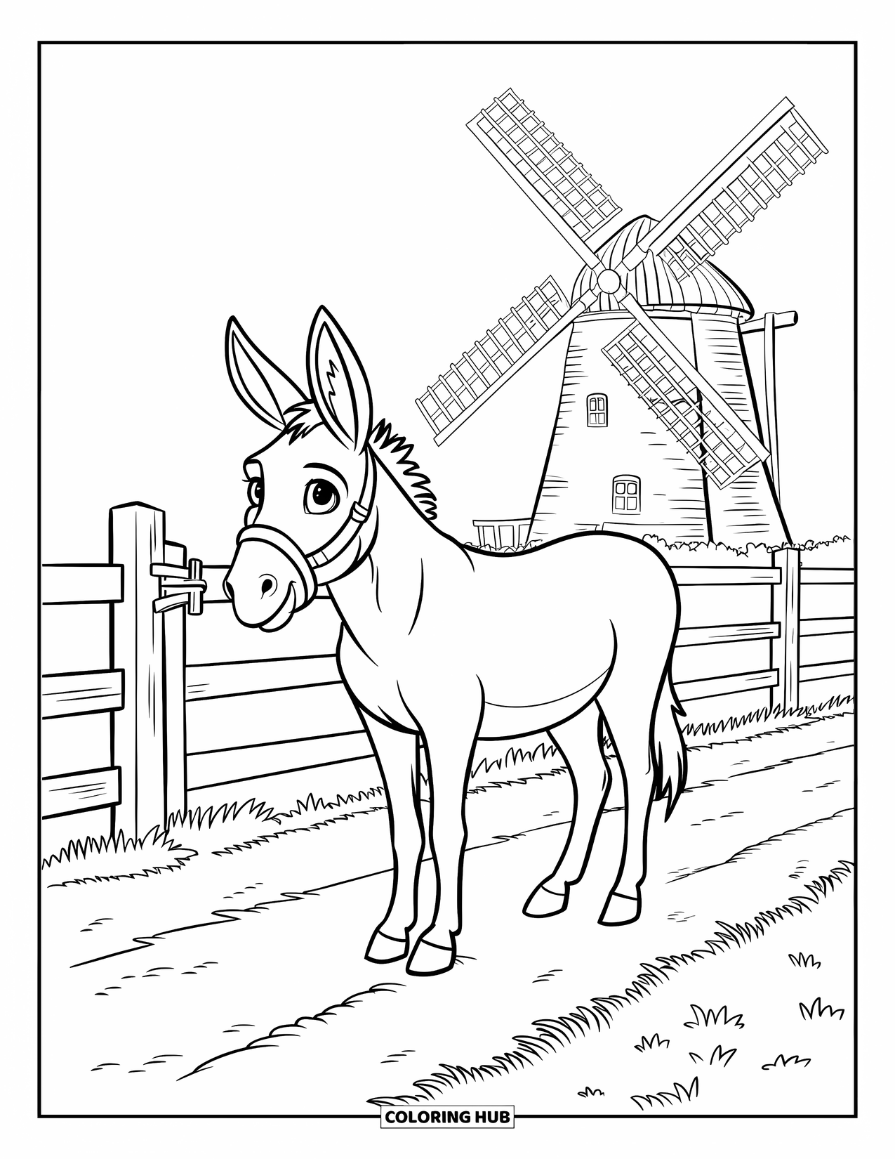 Desenho de Burro para Colorir para Crianças: Um burro com uma rédea está em um caminho de terra ao lado de um moinho de vento cercado no campo