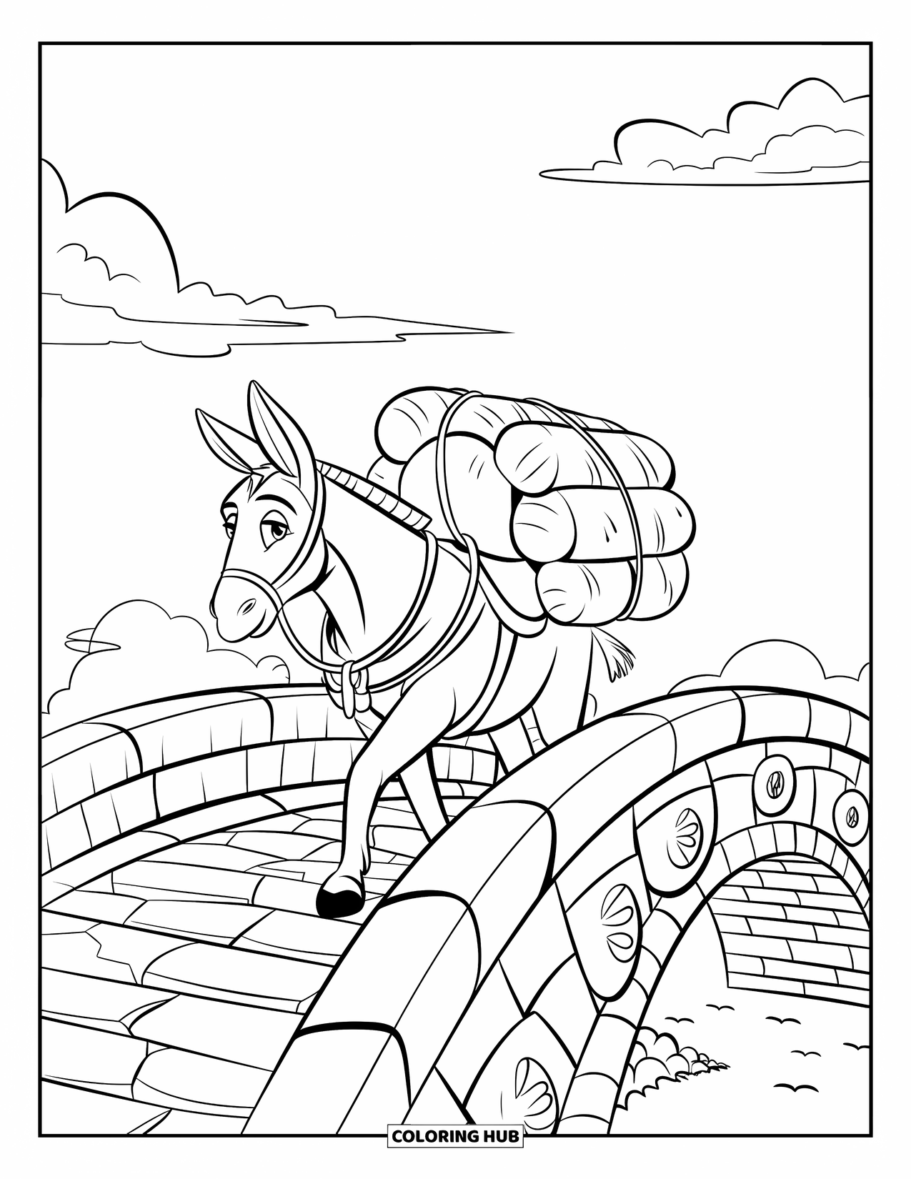 Desenho de Burro para Colorir para Crianças: Um burro com uma rédea caminha sobre uma ponte arqueada com elementos decorativos no céu