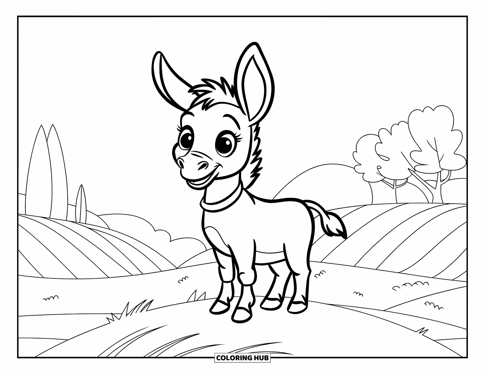 Desenho de Burro para Colorir para Crianças: Um burro com uma coleira brilhante está no topo de uma colina com campos ondulados ao fundo