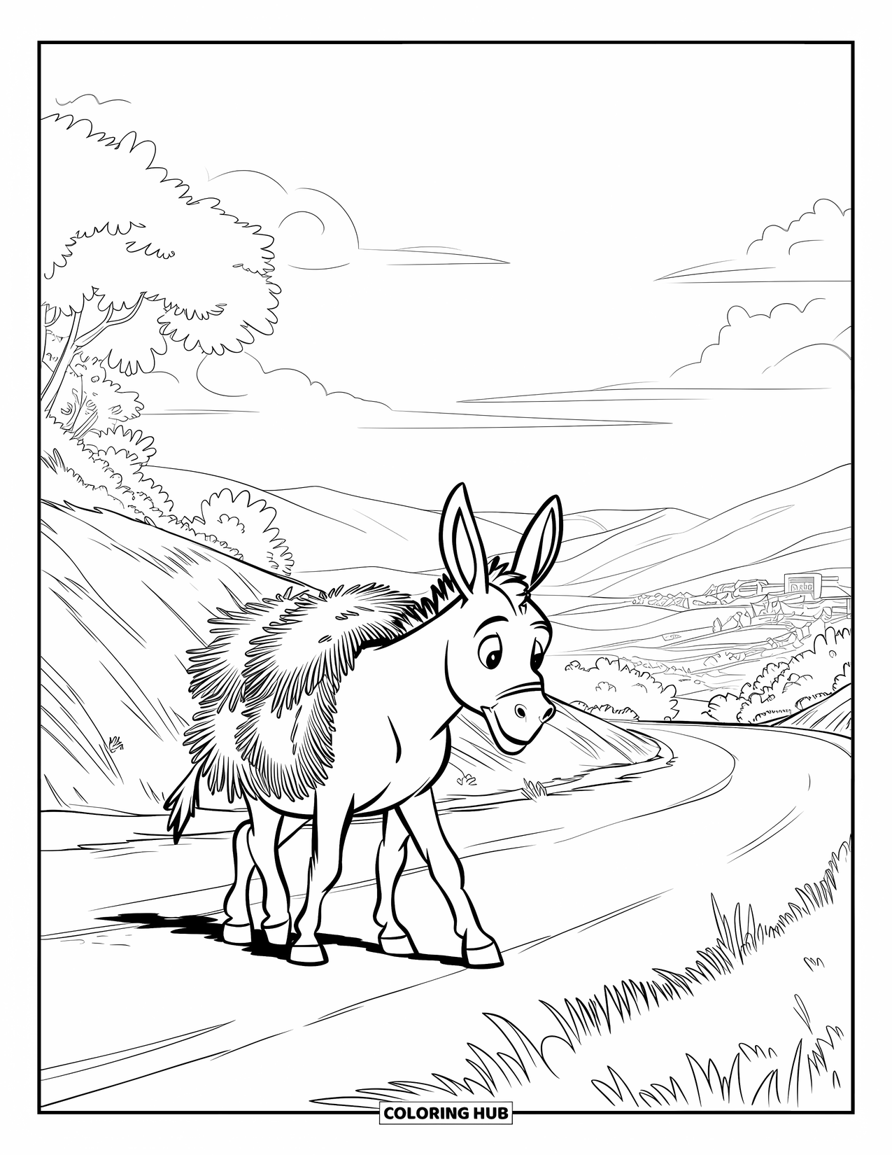 Desenho de Burro para Colorir para Crianças: Um burro com um fardo de feno nas costas caminha por um vale com uma vila distante