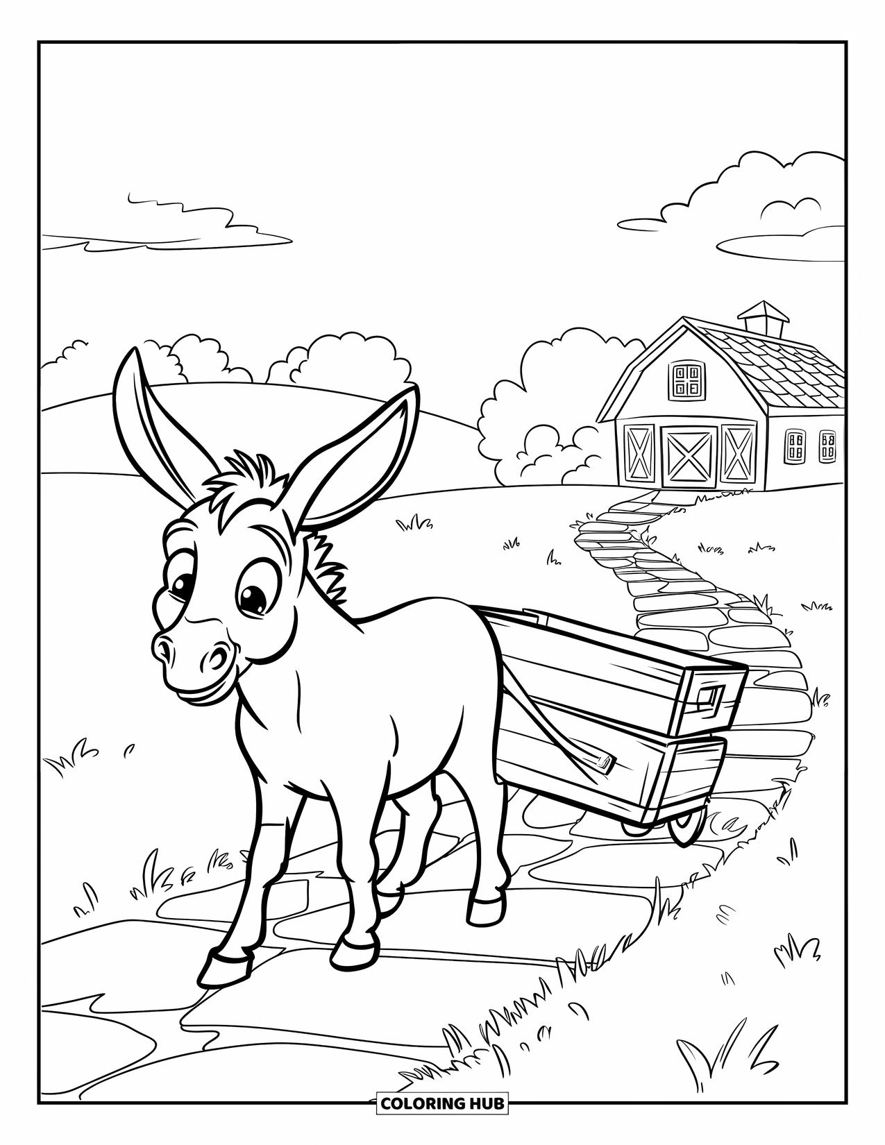 Desenho de Burro para Colorir para Crianças: Um burro com uma expressão triste arrasta uma caixa de madeira ao longo de um caminho sinuoso da fazenda