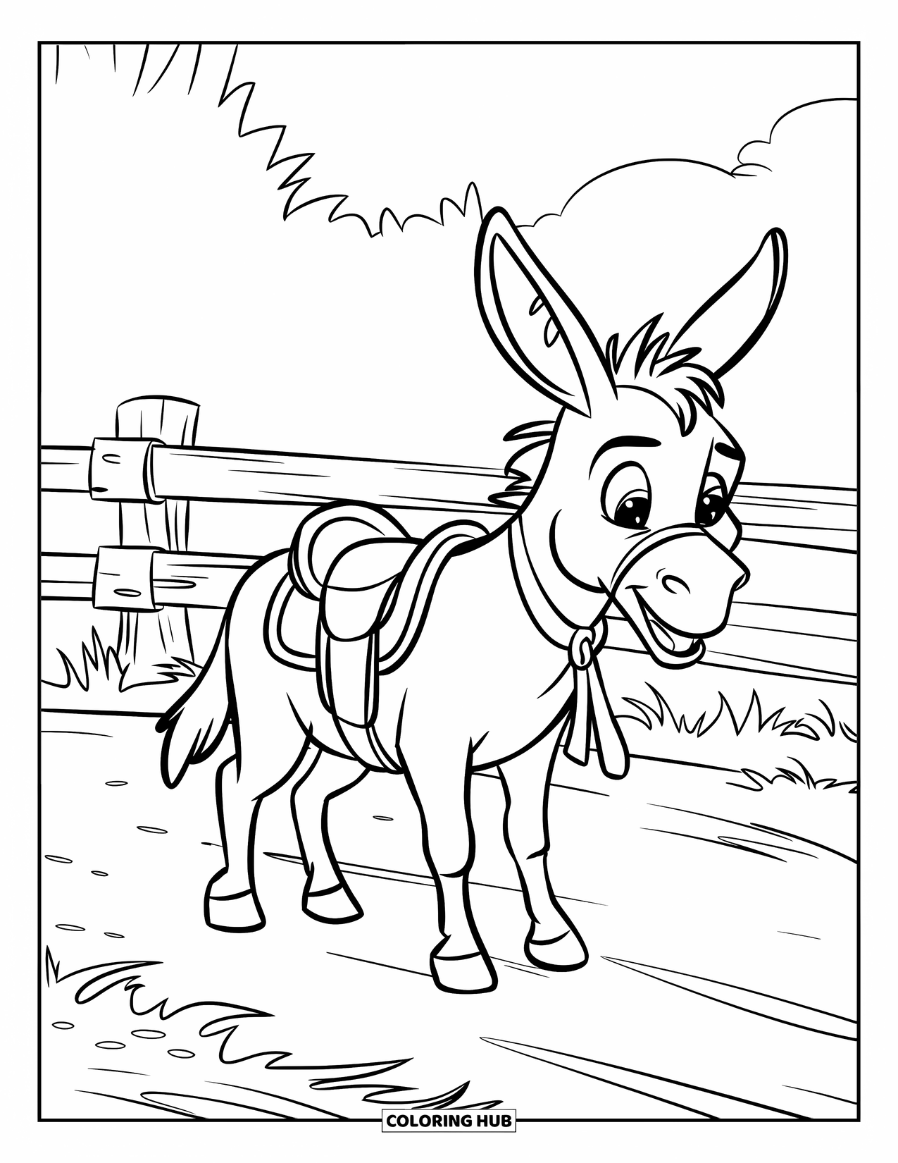 Desenho de Burro para Colorir para Crianças: Um burro com uma sela resistente está confiante em uma estrada de terra perto de uma cerca de madeira