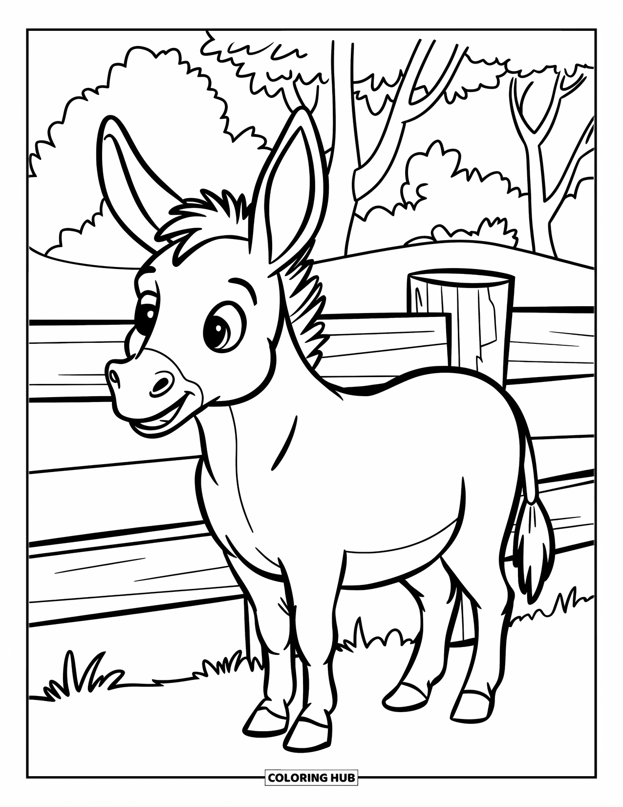Desenho de Burro para Colorir para Crianças: Um burro com orelhas grandes e caídas está ao lado de uma cerca de madeira rústica em uma pastagem