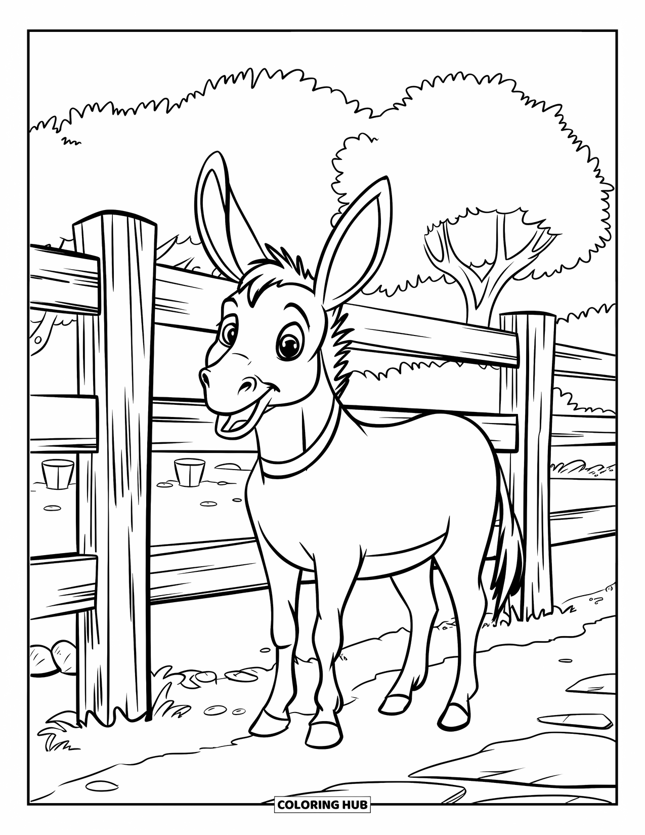 Desenho de Burro para Colorir para Crianças: Um burro com orelhas levantadas observa o horizonte por trás de uma cerca desgastada