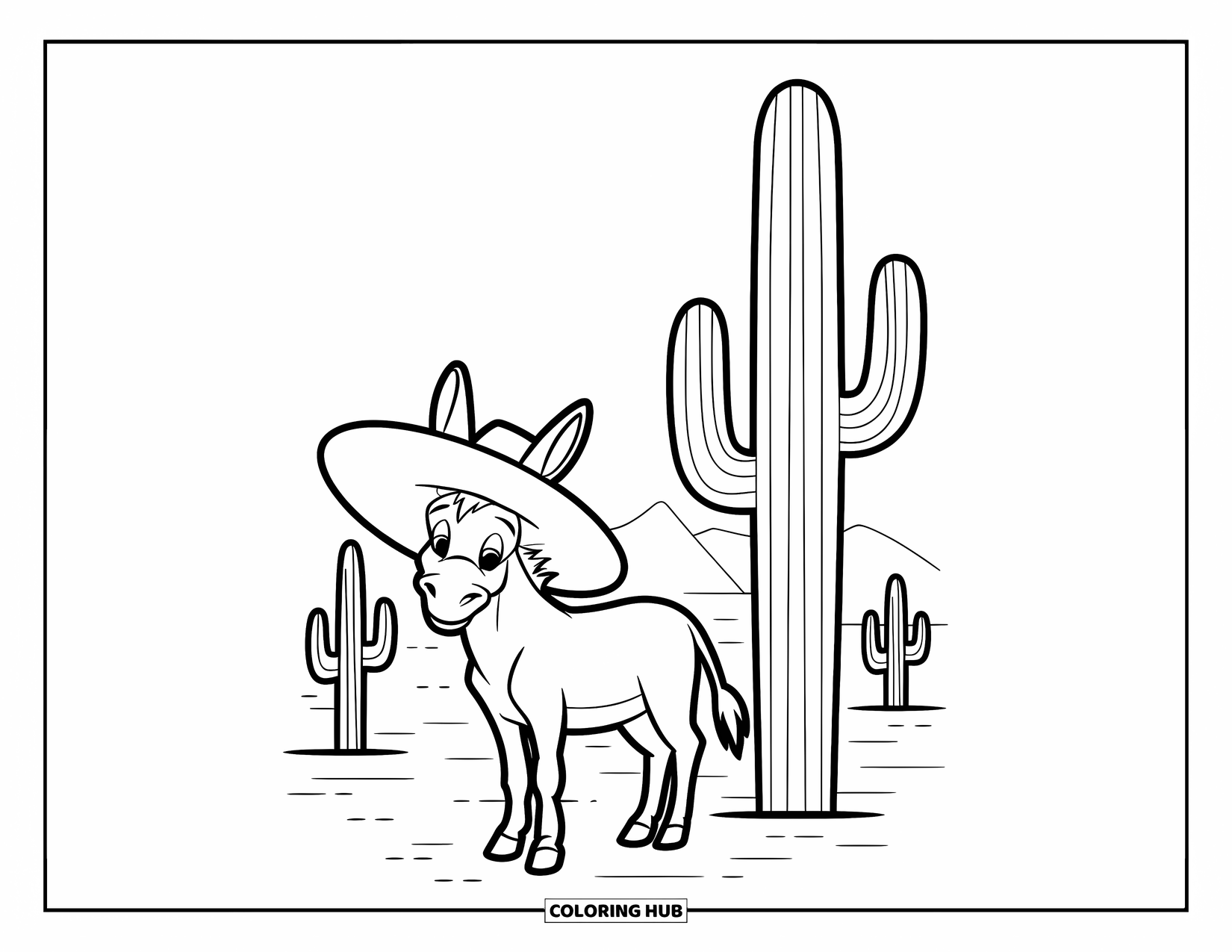 Desenho de Burro para Colorir para Crianças: Um burro amigável com um chapéu de abas largas está ao lado de um cacto sob um sol do deserto