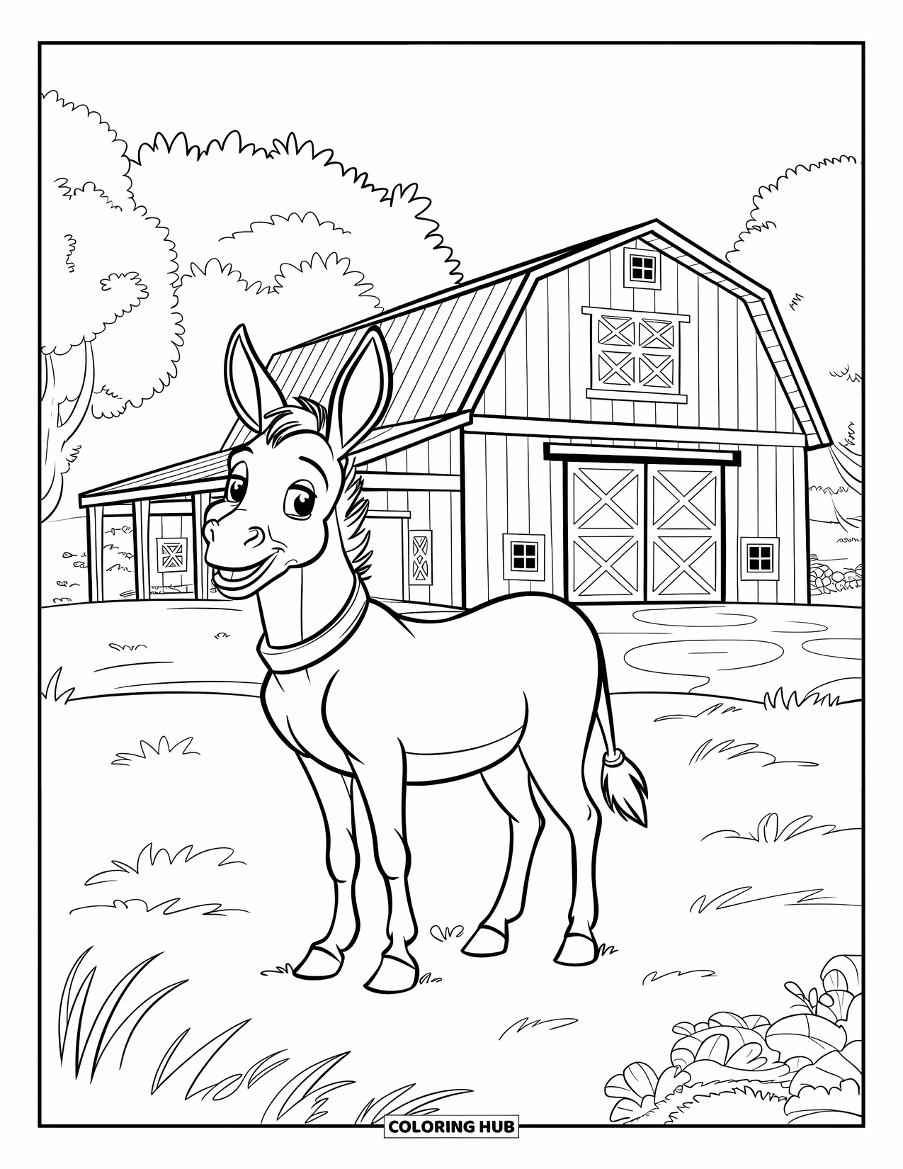 Desenho de Burro para Colorir para Crianças: Um burro amigável está em um campo gramado com um celeiro ao fundo