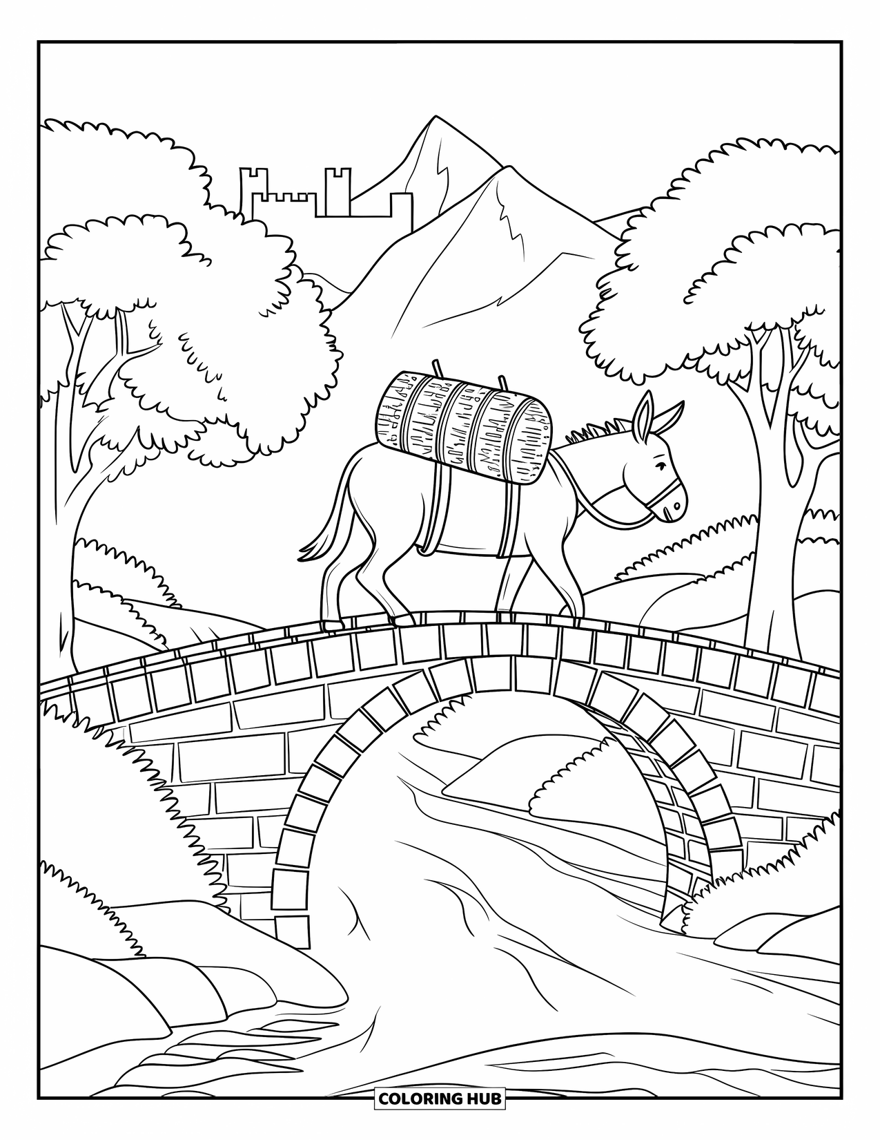 Desenho de Burro para Colorir para Crianças: Um burro trabalhador atravessa uma ponte de pedra com um castelo e uma vila ao fundo