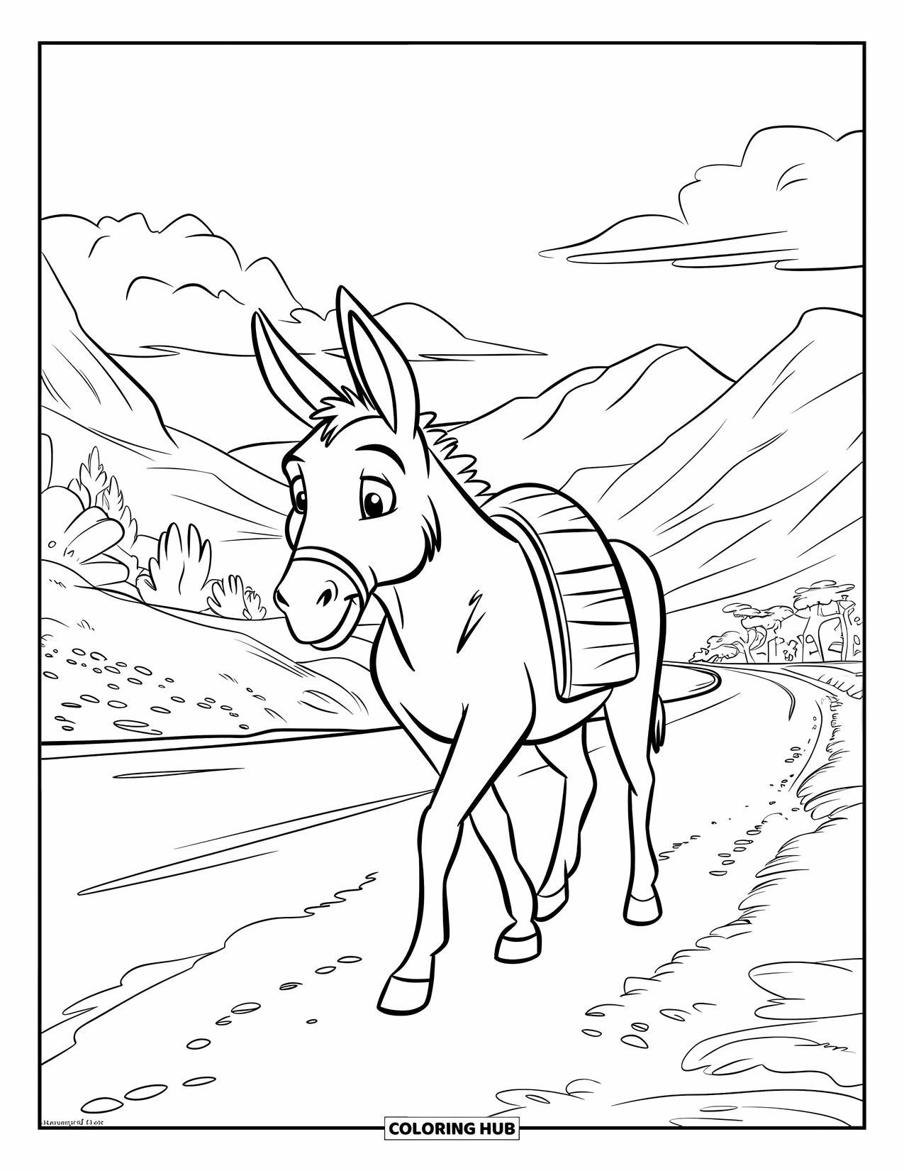 Desenho de Burro para Colorir para Crianças: Um burro trabalhador caminha por uma estrada de terra carregando suprimentos, cercado por colinas