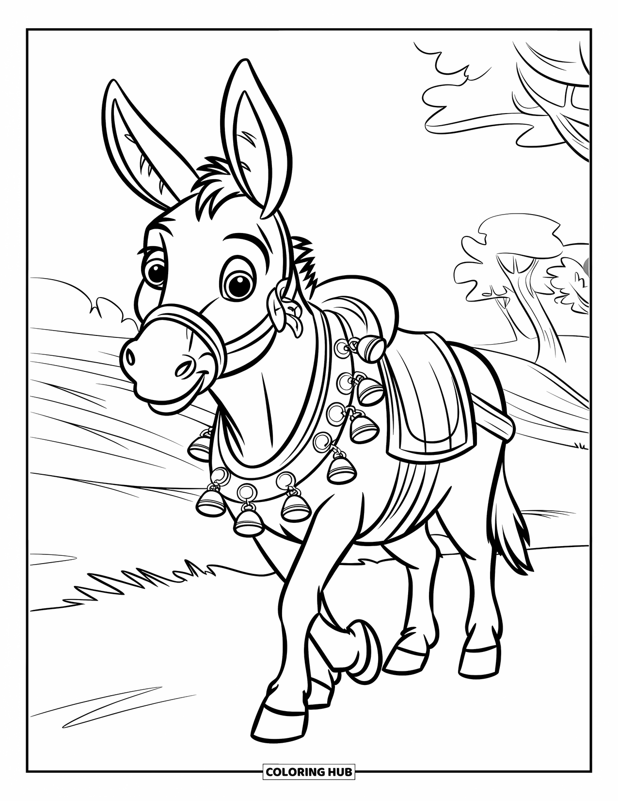 Desenho de Burro para Colorir para Crianças: Um burro pronto para a jornada, com sinos e fitas em seu arreio, está em um vale tranquilo
