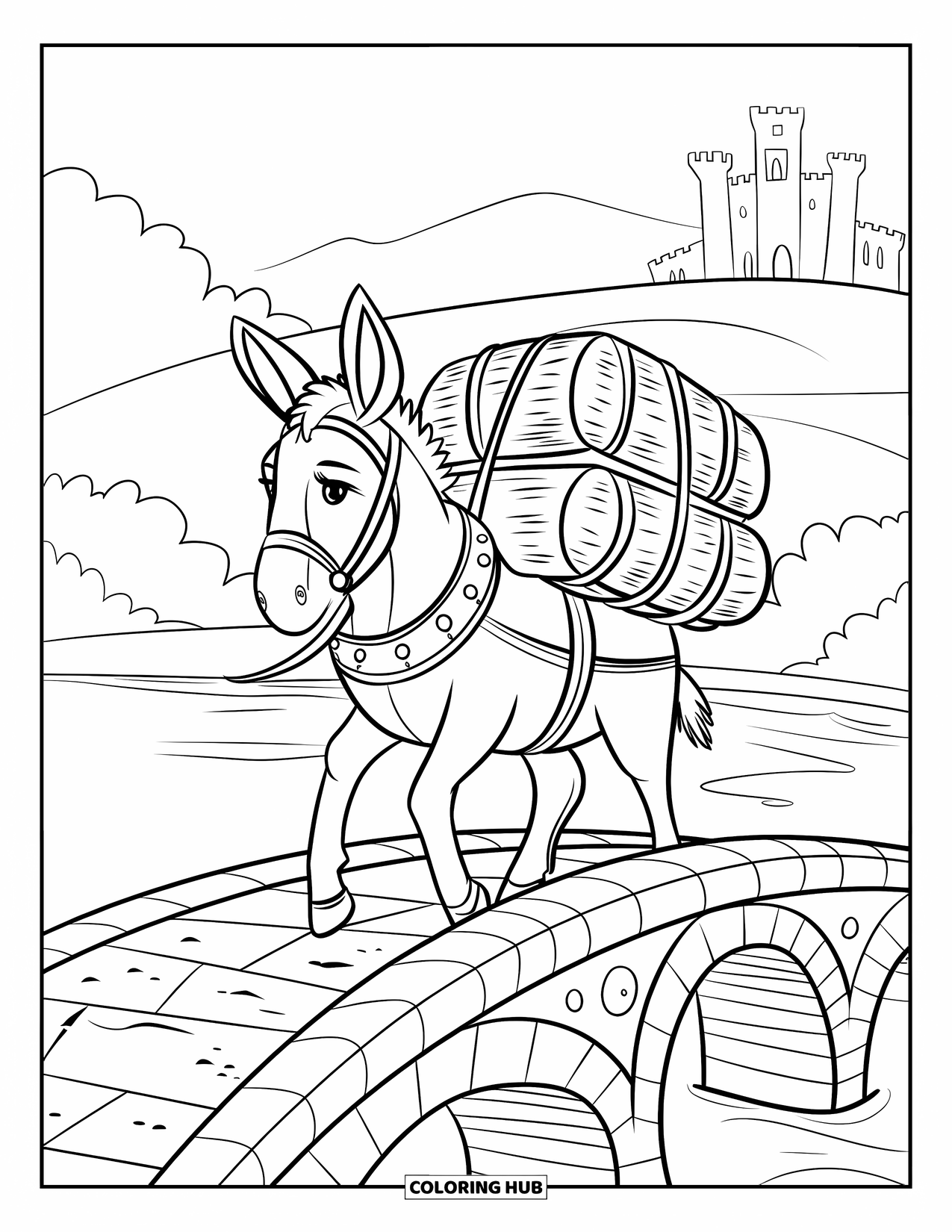 Desenho de Burro para Colorir para Crianças: Um burro medieval carrega um fardo através de uma ponte de pedra arqueada sobre um rio que flui