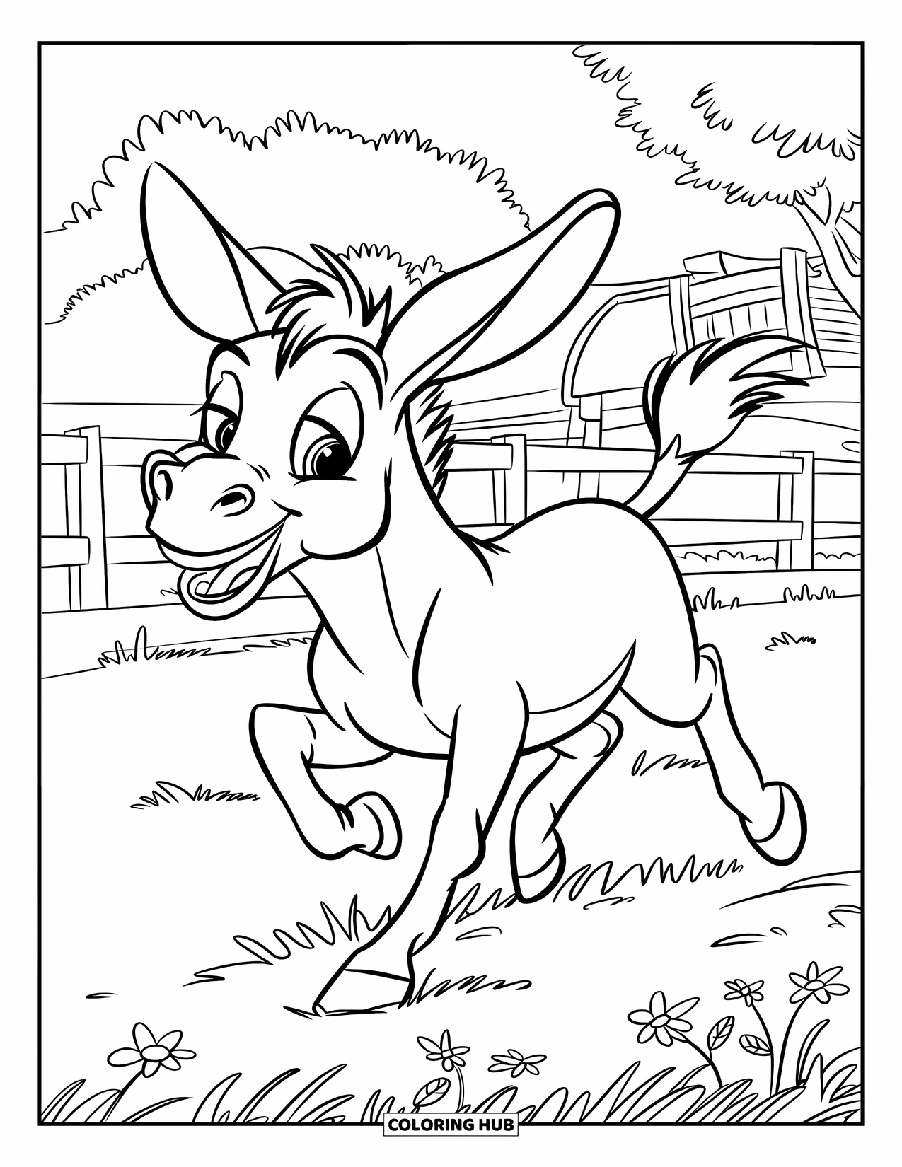 Desenho de Burro para Colorir para Crianças: Um burro brincalhão corre por um campo gramado, aproveitando o ar fresco e as flores silvestres