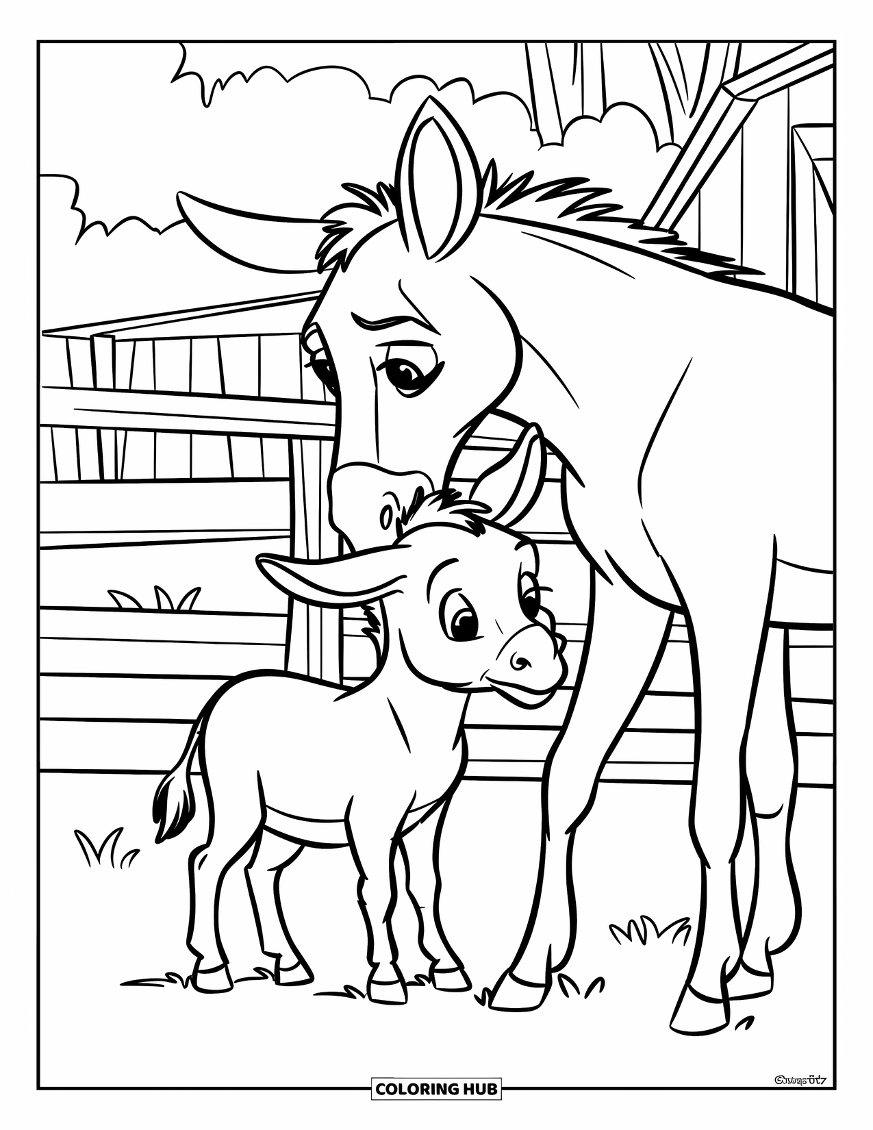 Desenho de Burro para Colorir para Crianças: Um burro jovem brincalhão acaricia sua mãe enquanto está em um pátio gramado