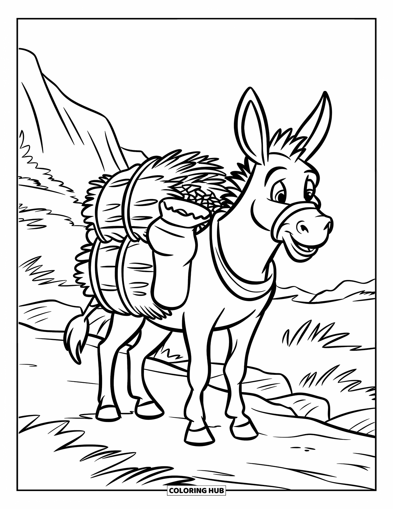 Desenho de Burro para Colorir para Crianças: Um burro forte carrega um fardo de feno em um caminho rochoso em uma paisagem montanhosa