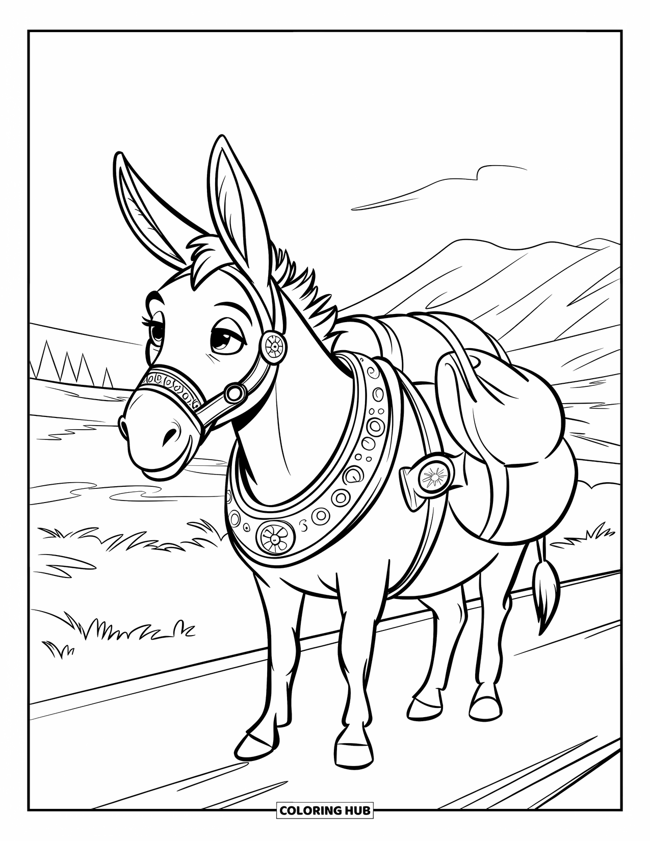 Desenho de Burro para Colorir para Crianças: Um burro robusto com uma cabeça triangular e uma sela está em uma paisagem aberta