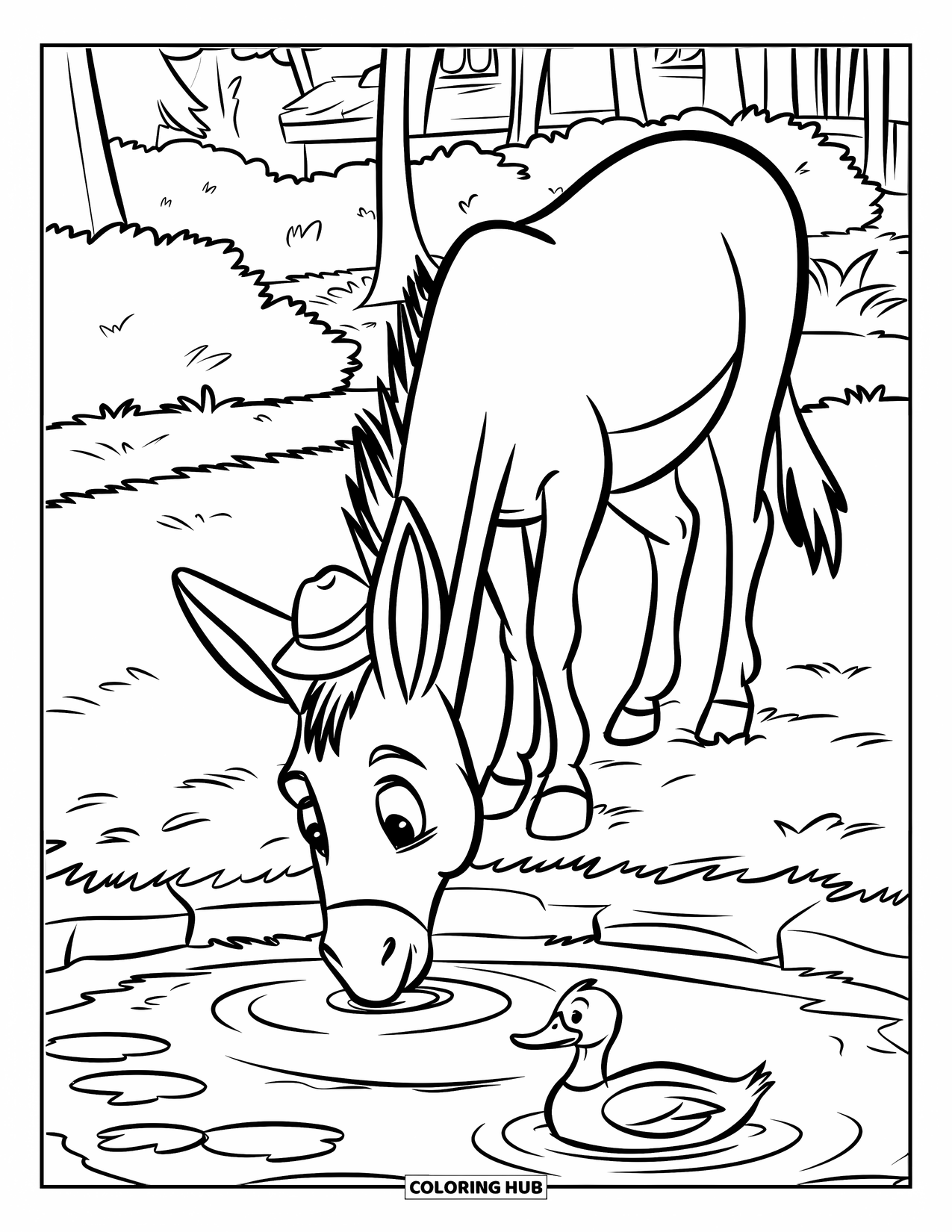 Desenho de Burro para Colorir para Crianças: Um burro sedento bebe de um pequeno lago enquanto um pato flutua nas proximidades em água calma