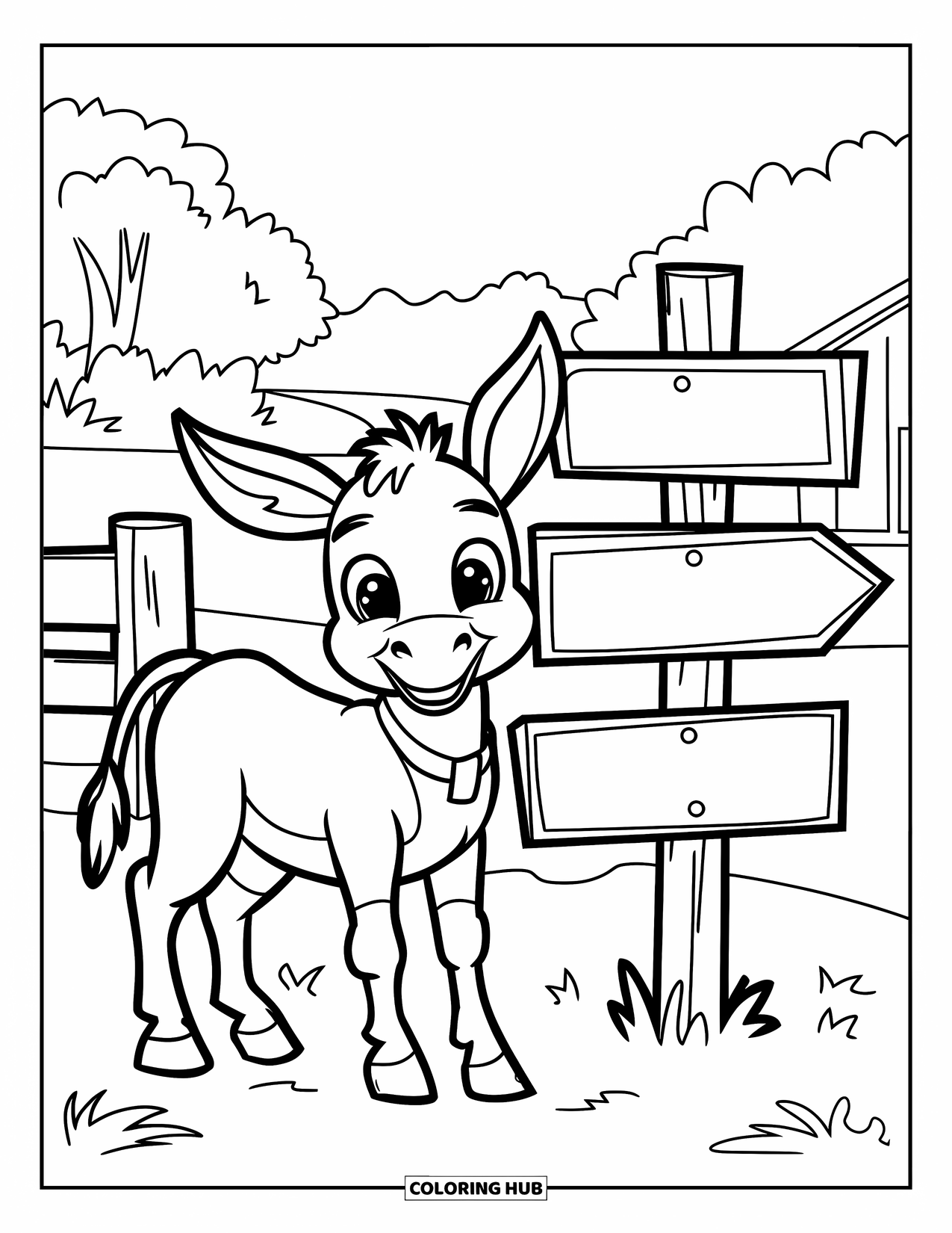 Desenho de Burro para Colorir para Crianças: Um burro jovem está ao lado de uma placa de madeira na entrada de uma fazenda tranquila