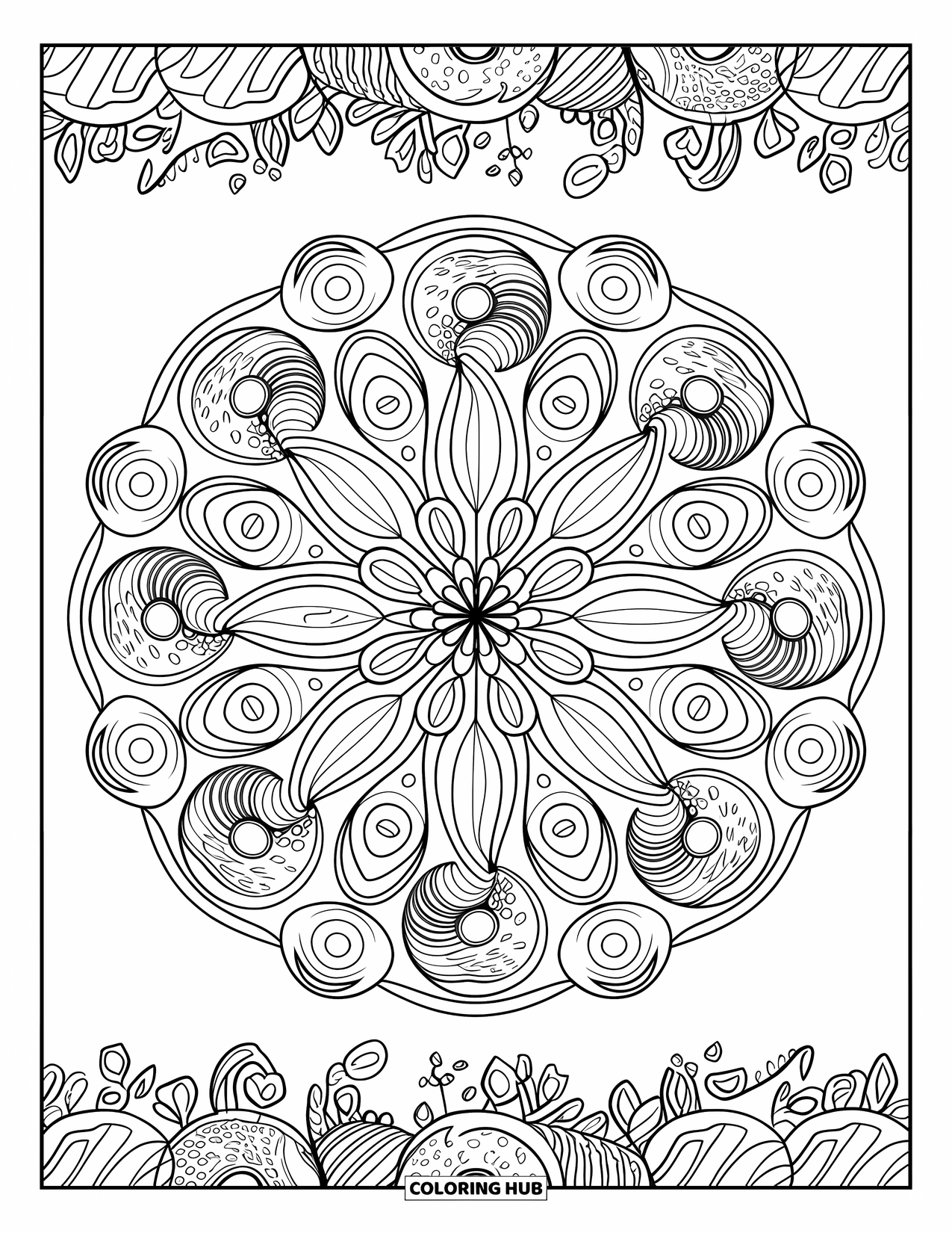 Donut Kleurplaat voor Volwassenen: Een prachtig gedetailleerde donutmandala, met delicate glazuurpatronen en cirkelvormige symmetrie