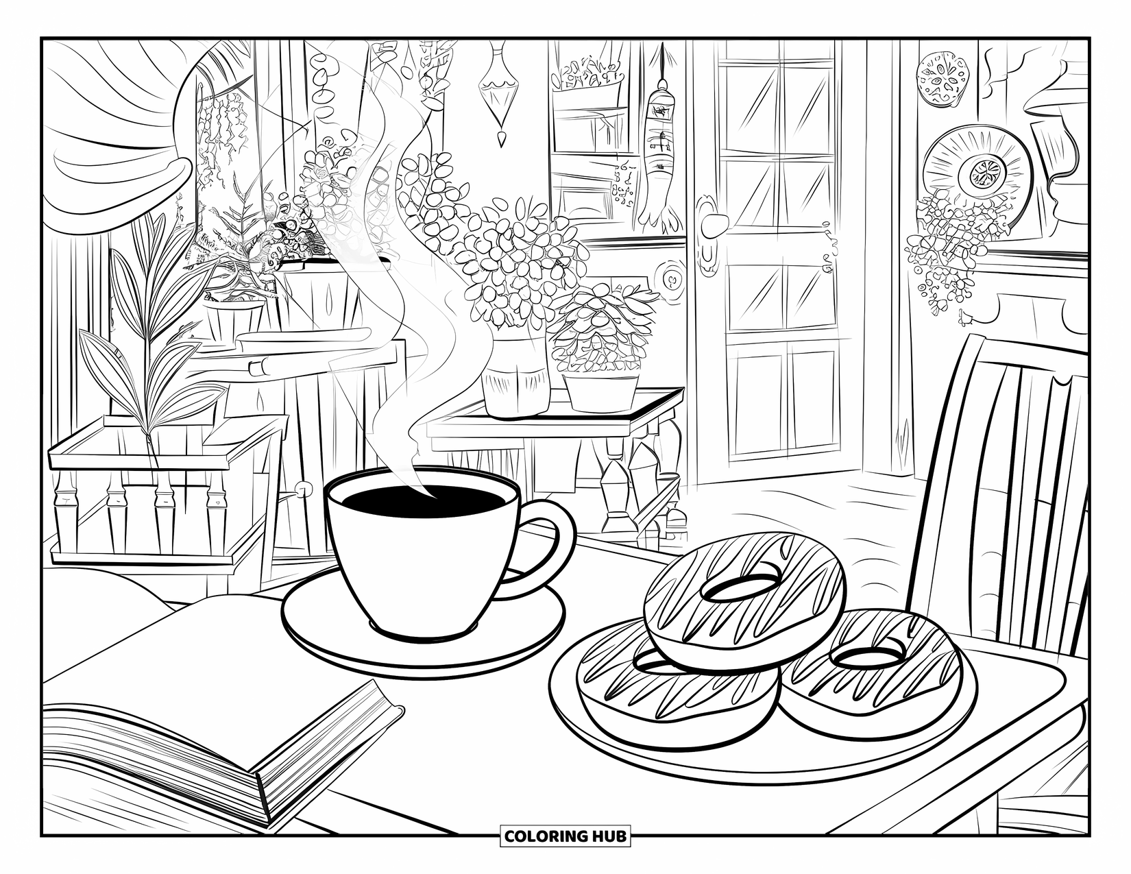 Donut Kleurplaat voor Volwassenen: Een charmante caféhoek met koffie, een open boek en artistiek ontworpen donuts