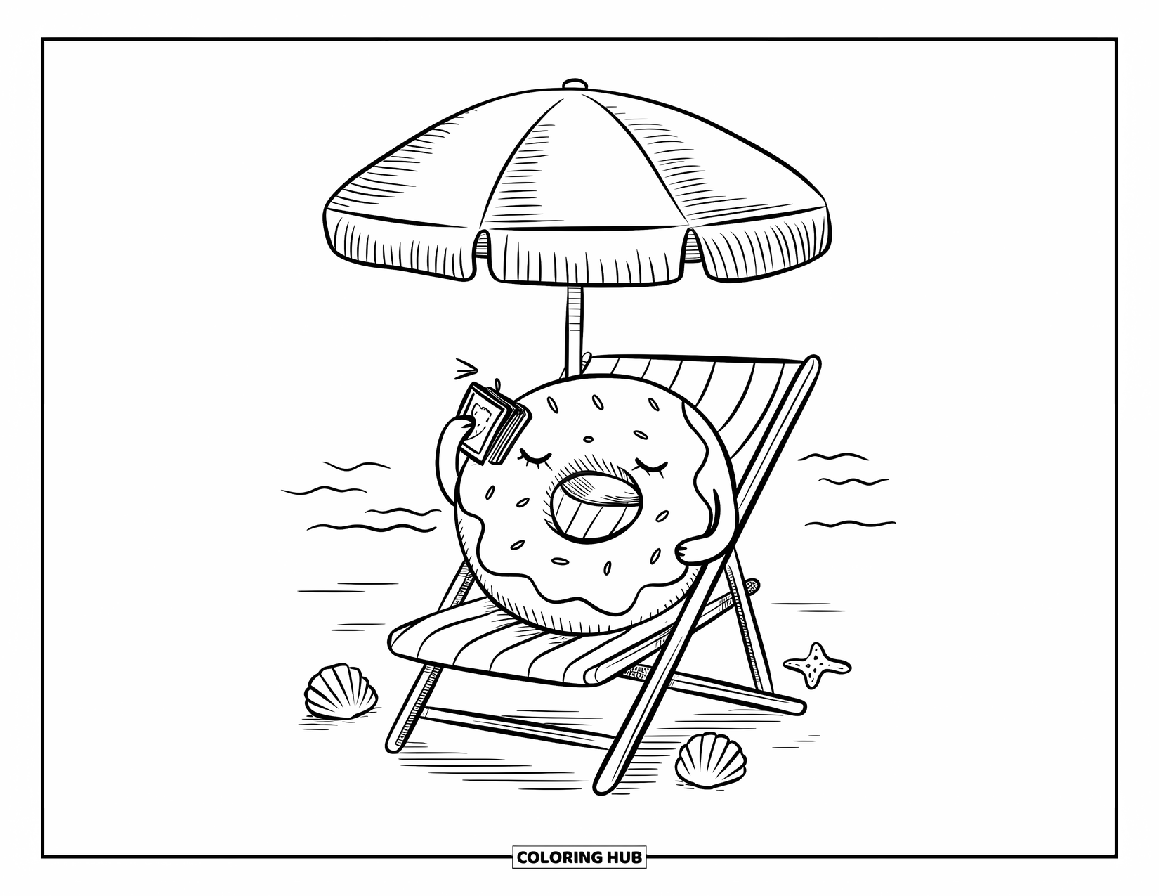 Donut Kleurplaat voor Volwassenen: Een vrolijke donut zonnebaadt op een strandstoel met een klein boek en een koel drankje