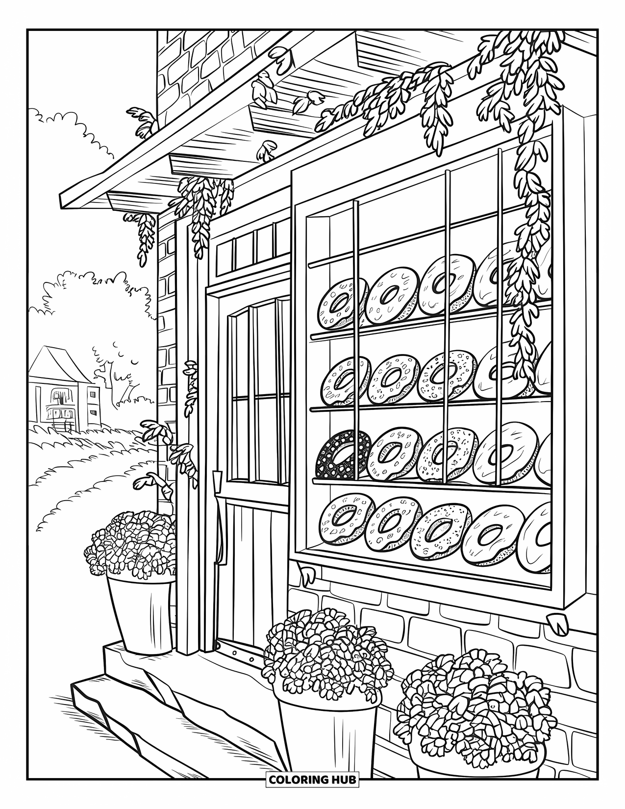 Donut Kleurplaat voor Volwassenen: Een gezellige bakkerij met een houten gevel, met donuts in een charmante etalage
