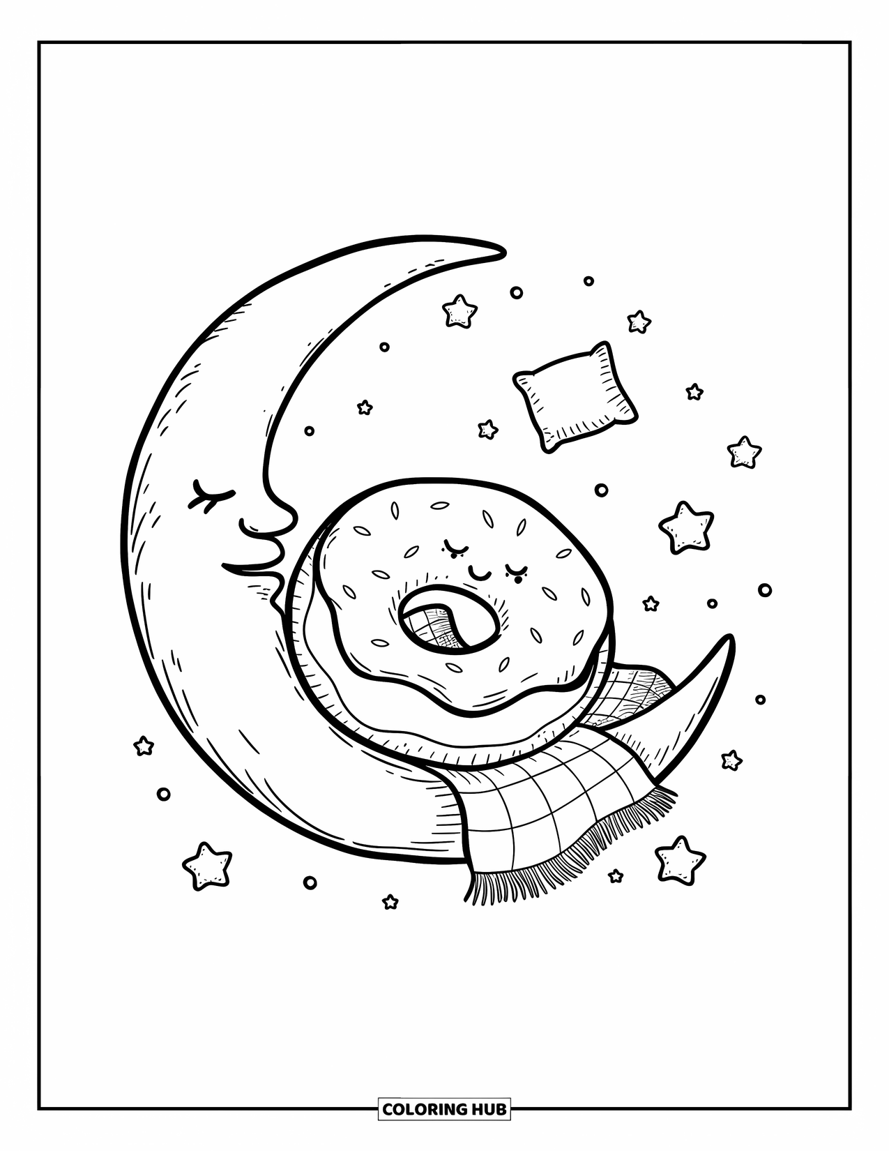 Donut Kleurplaat voor Volwassenen: Een gezellige donut kruipt op een maansikkel met een klein dekentje