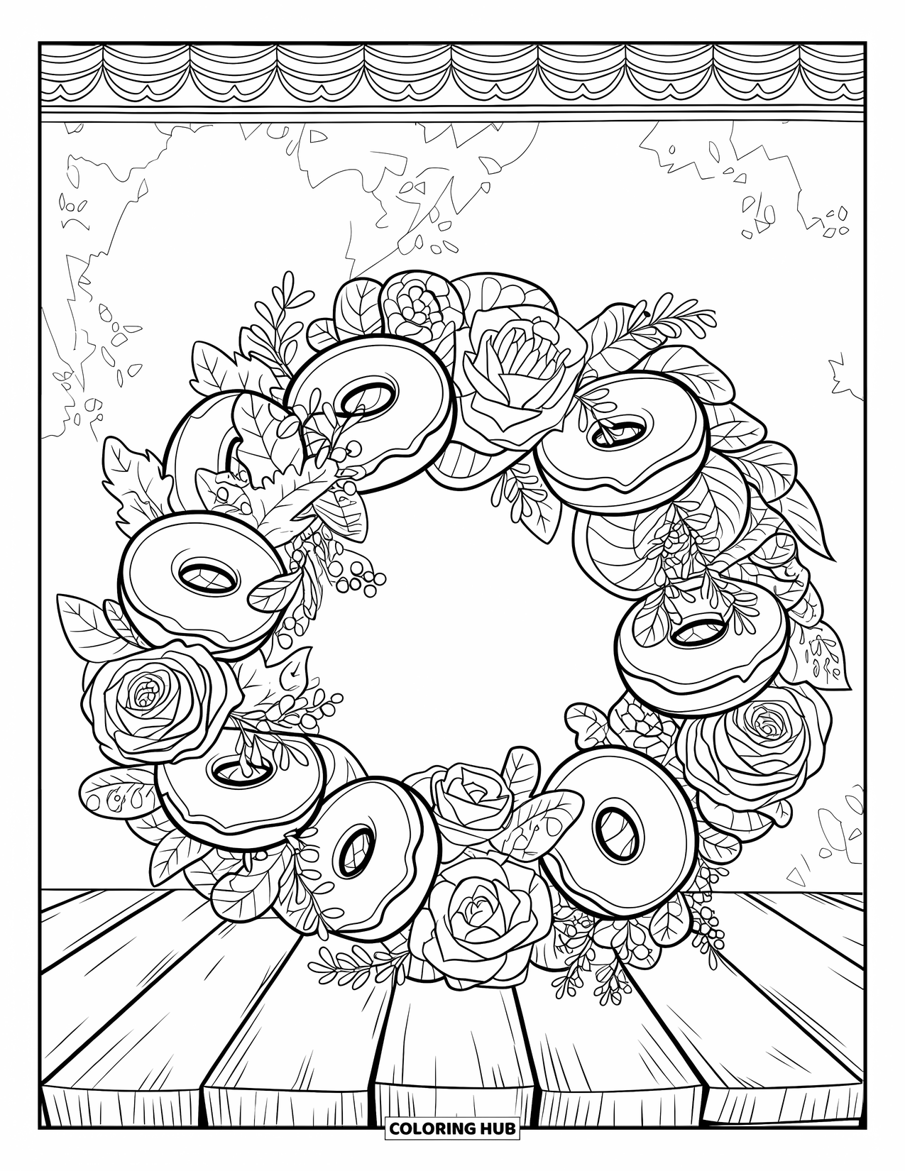 Donut Kleurplaat voor Volwassenen: Een delicate krans van donuts verweven met rozen, pioenrozen en klimop