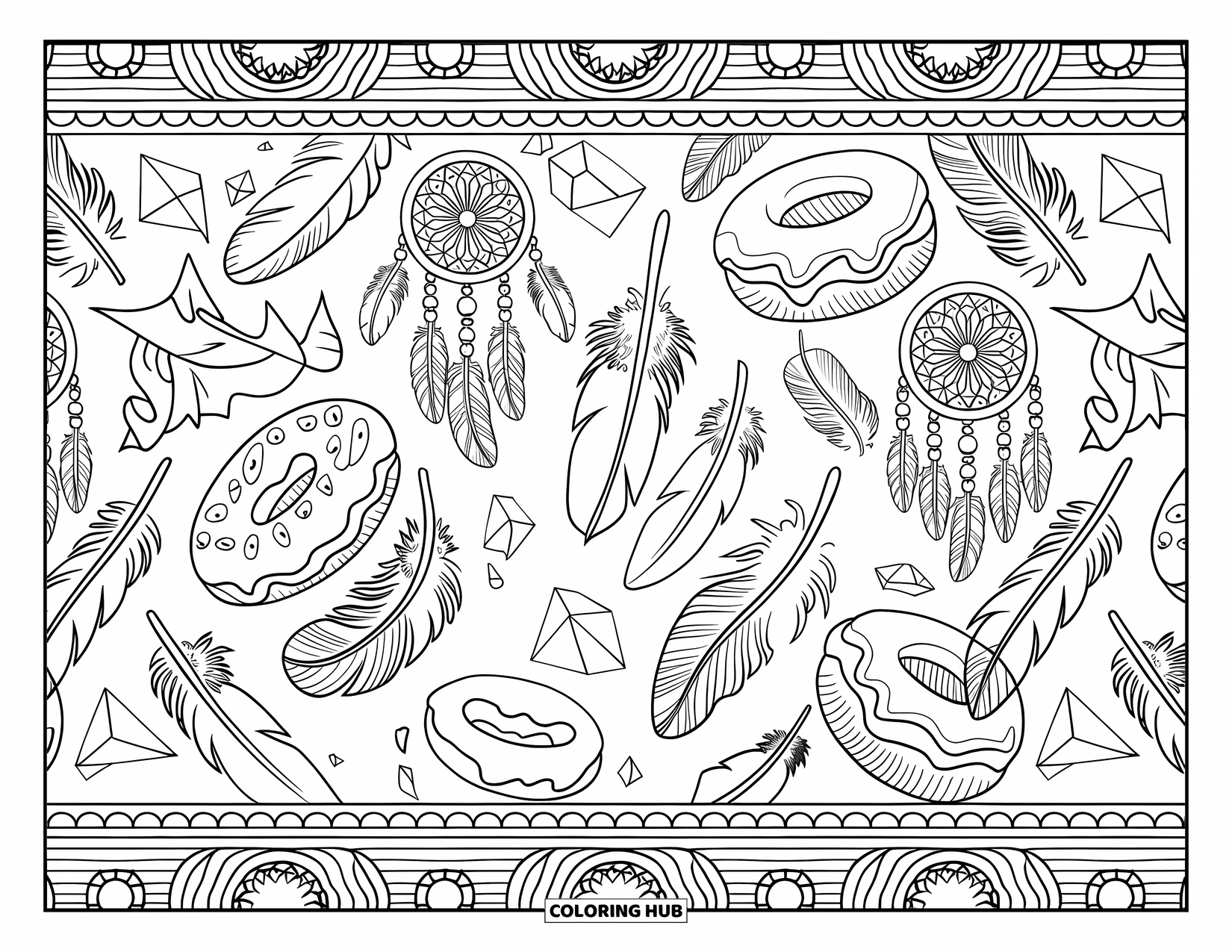 Donut Kleurplaat voor Volwassenen: Een gedetailleerd patroon in boho-stijl met donuts, dromenvangers en tribale geometrische elementen