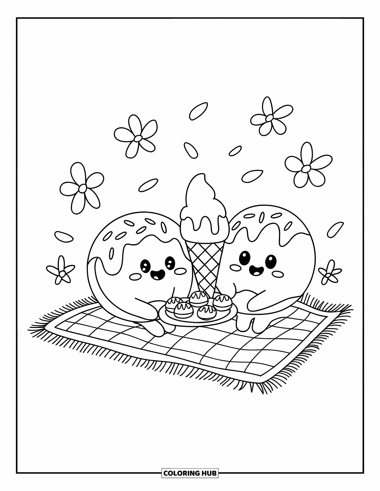 Donut Kleurplaat voor Volwassenen: Een donut en een ijsje genieten van een gezellige picknick met gebak en een zacht briesje