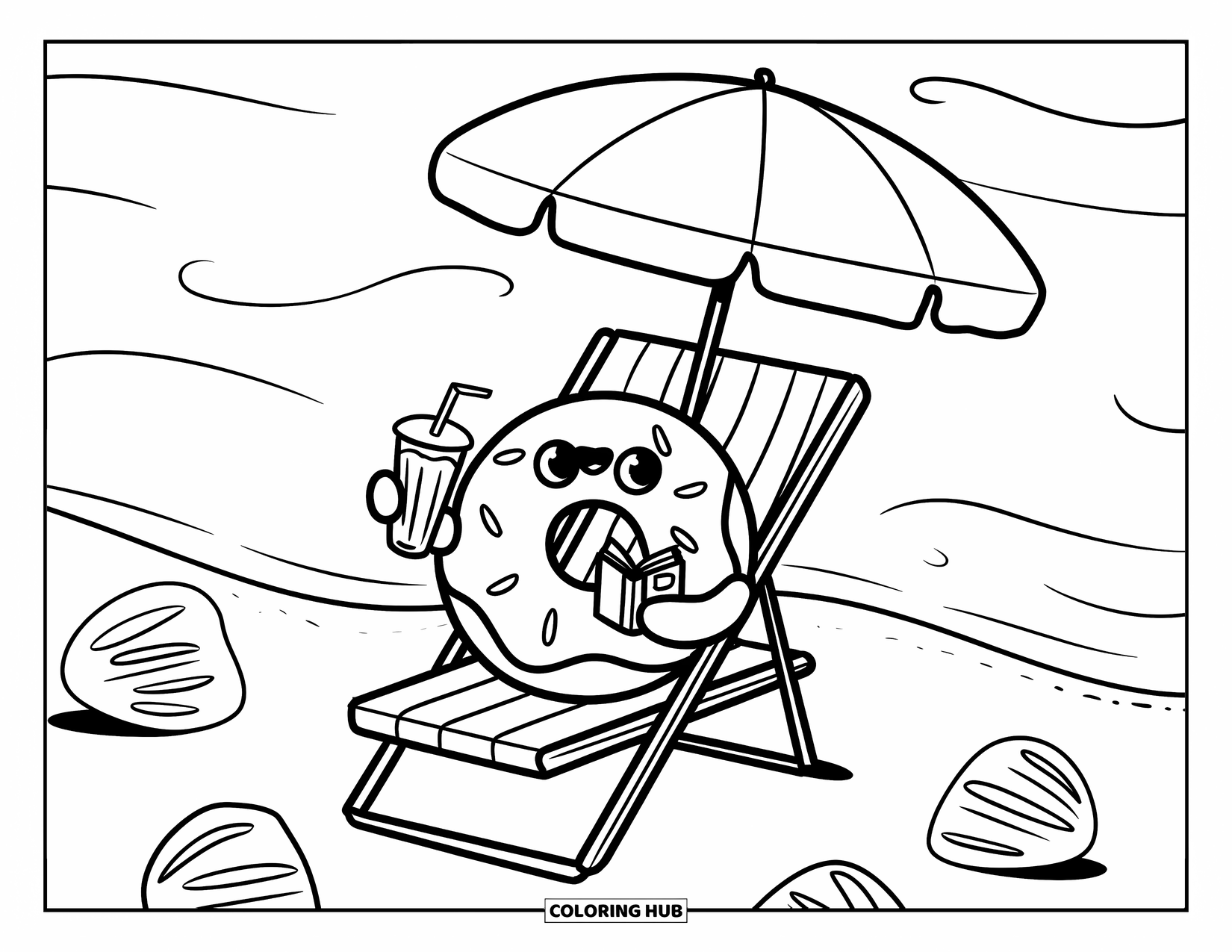 Donut Kleurplaat voor Volwassenen: Een donut ligt achterover op een strandstoel, genietend van de zeebries en een verfrissend drankje