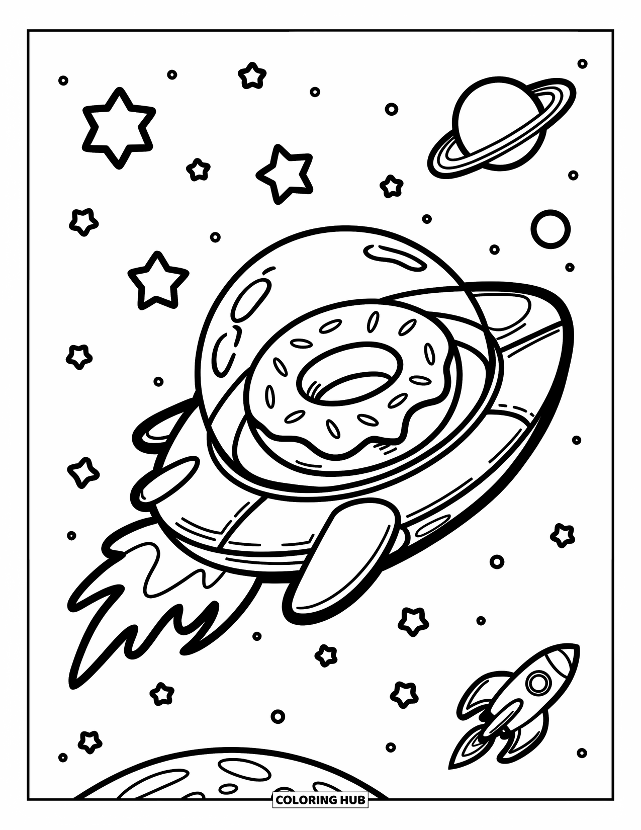 Donut Kleurplaat voor Volwassenen: Een donutvormig ruimteschip zoomt door de ruimte en laat een glazuurspoor achter
