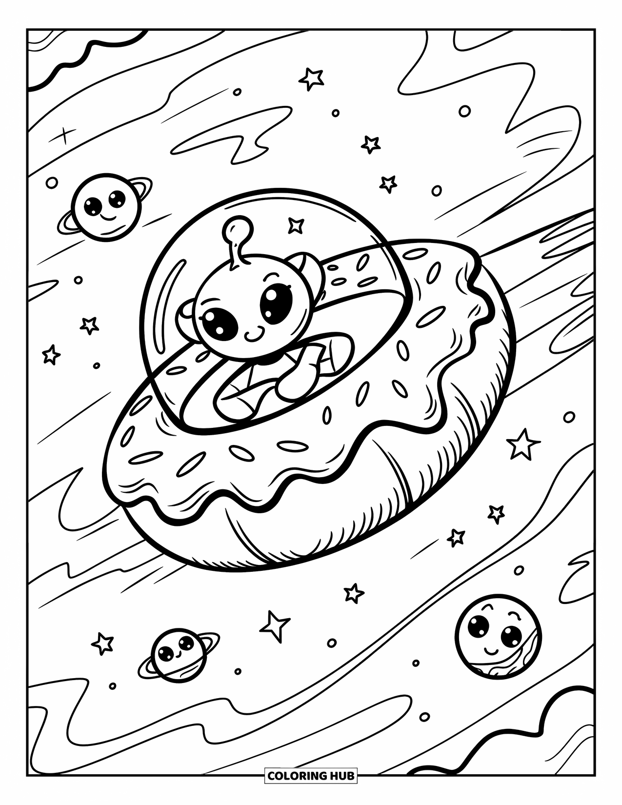 Donut Kleurplaat voor Volwassenen: Een donutruimteschip met een glazuurspoor zweeft door een melkwegstelsel vol vrolijke planeten