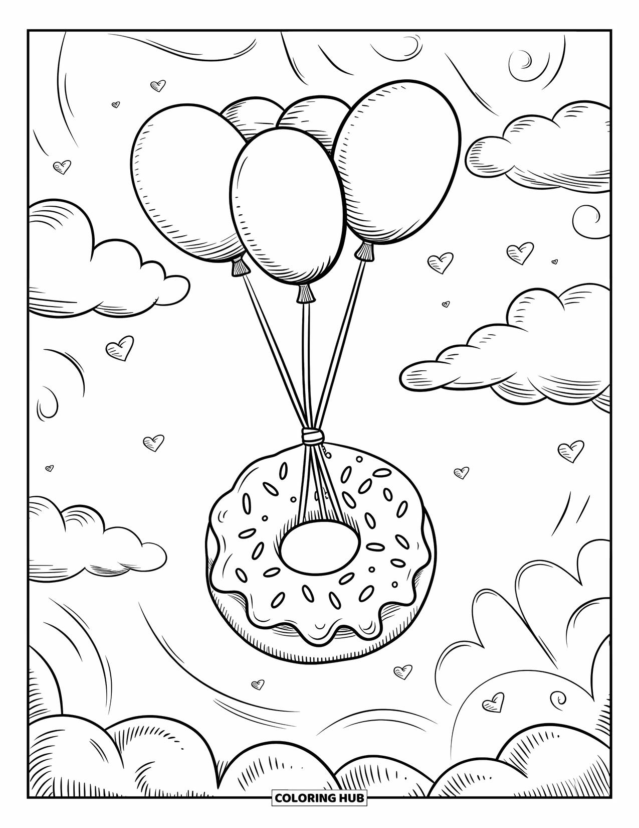 Donut Kleurplaat voor Volwassenen: Een dromerige donutballon stijgt op naar de hemel, omringd door zachte wolken en zachte wervelingen