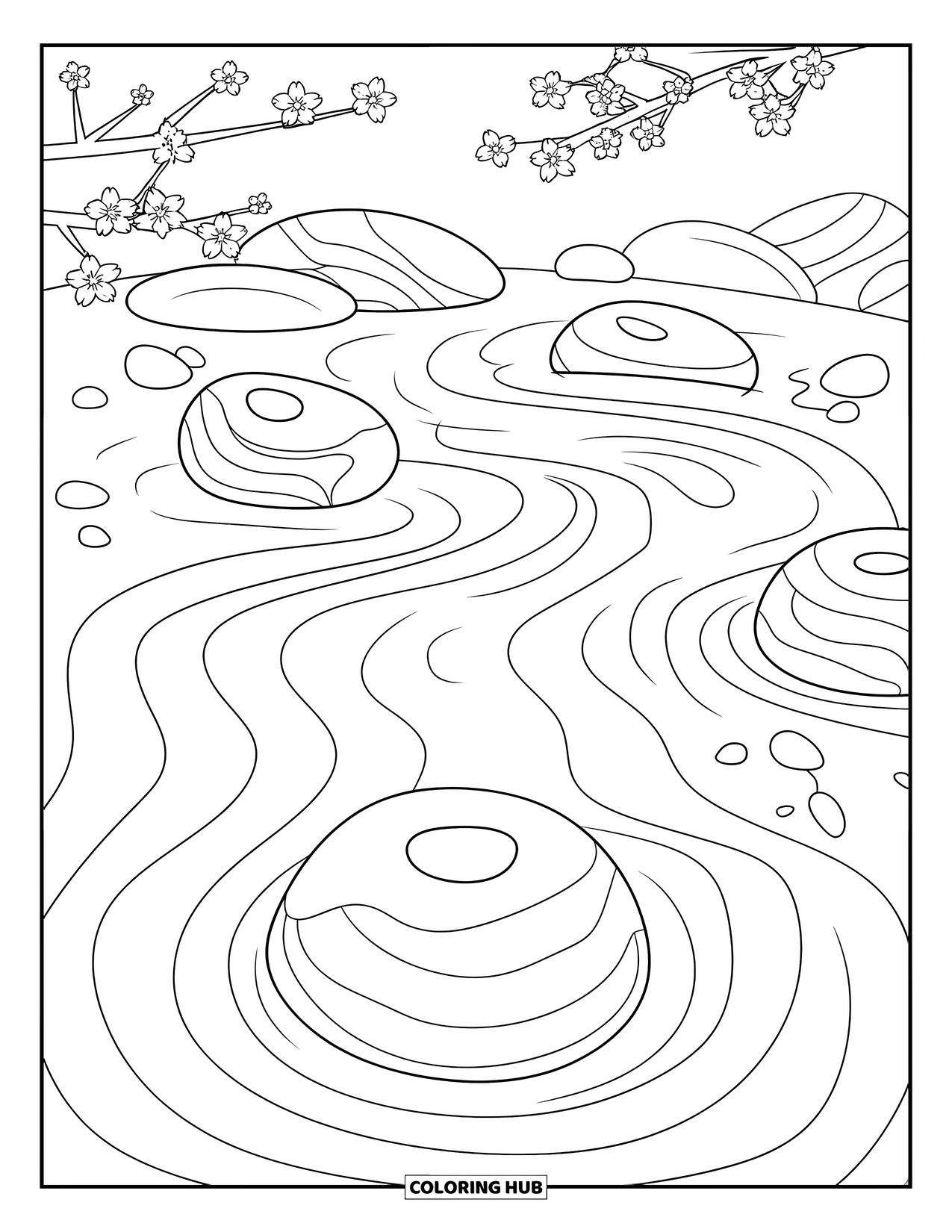Donut Kleurplaat voor Volwassenen: Een op Japan geïnspireerde Zen-tuin met donuts, gladde kiezels en delicate kersenbloesems