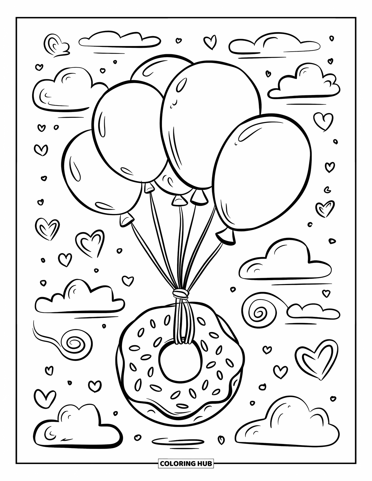 Donut Kleurplaat voor Volwassenen: Een kawaii donut zweeft hoog boven, vastgebonden aan ballonnen, met kleine hartjes die eromheen dansen