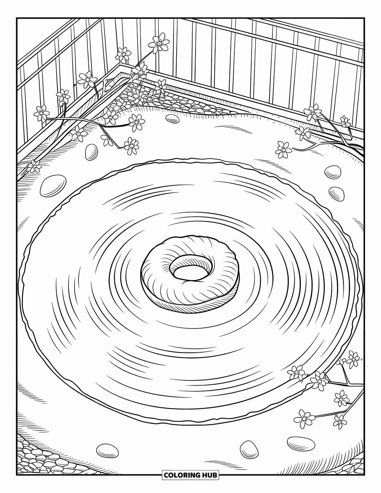 Donut Kleurplaat voor Volwassenen: Een meditatieve Zen-tuin met donuts, zandpatronen en een zacht bloemenlandschap