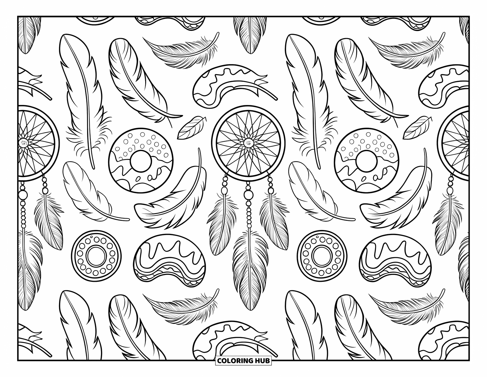 Donut Kleurplaat voor Volwassenen: Een betoverend boho-patroon gevuld met donuts, veren en wervelende geometrische vormen