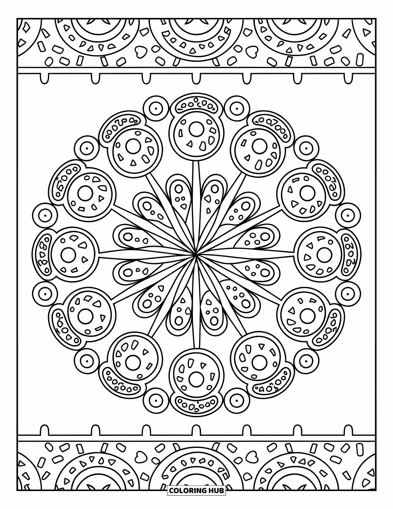 Donut Kleurplaat voor Volwassenen: Een betoverende donutmandala met wervelende glazuur, spikkels en geometrische details