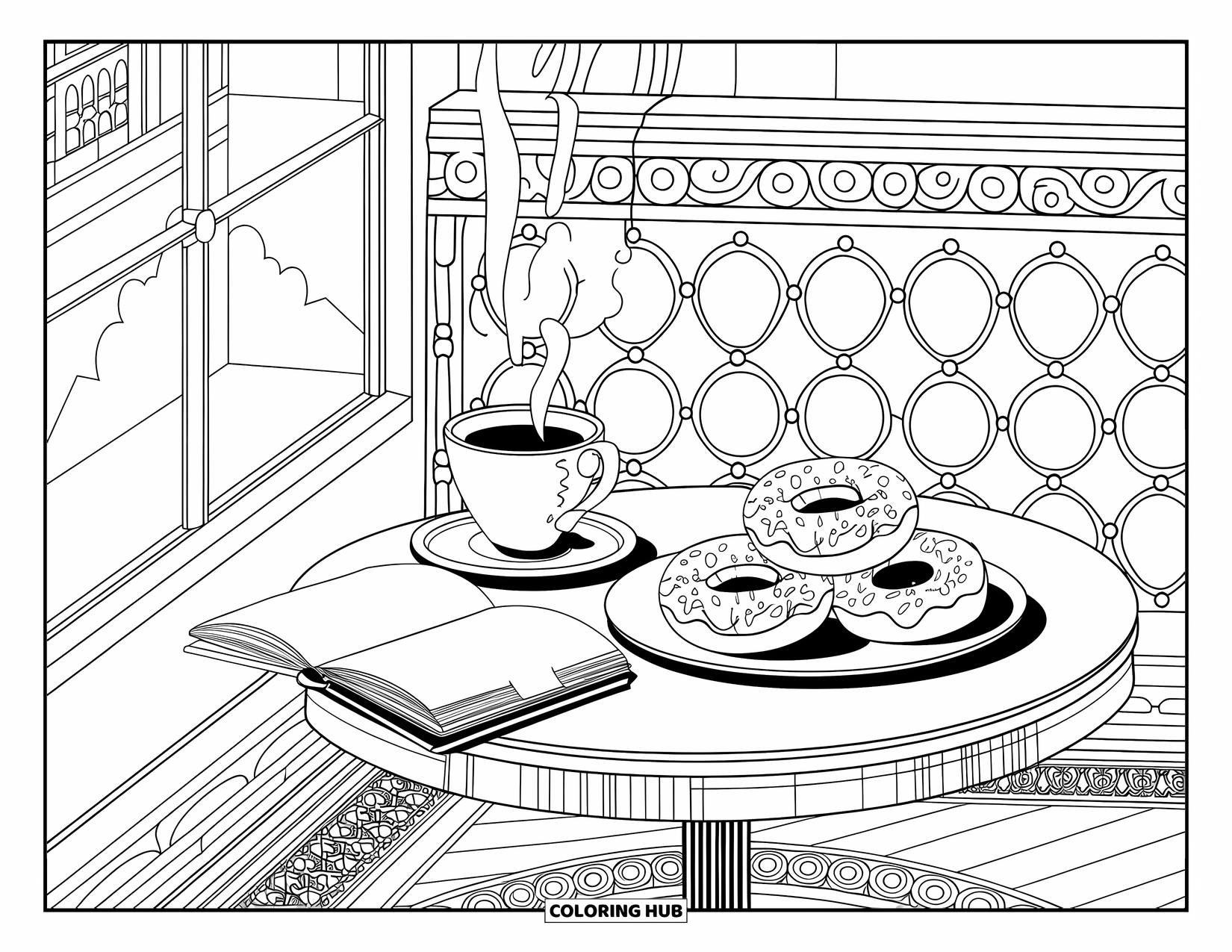 Donut Kleurplaat voor Volwassenen: Een vredige cafétafel met koffie, donuts en uitzicht op het stadsbeeld