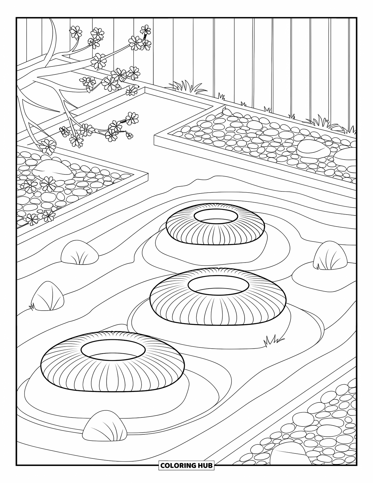 Donut Kleurplaat voor Volwassenen: Een vredige Zen-tuin met geharkte zandpatronen en grote decoratieve donuts