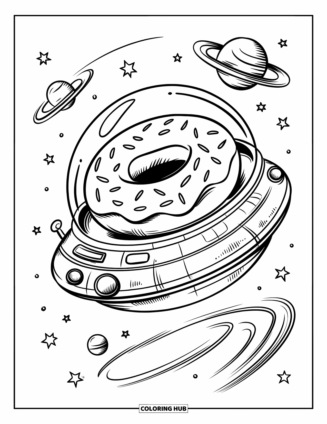 Donut Kleurplaat voor Volwassenen: Een rond ruimteschip met een donut erin vliegt door de ruimte, omringd door fonkelende planeten