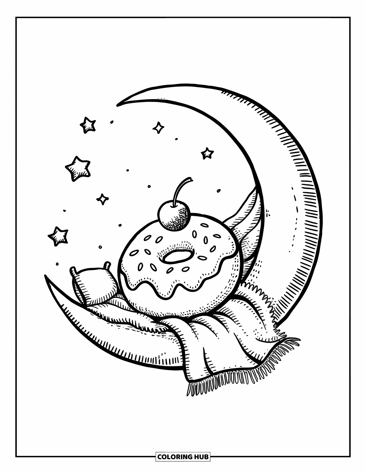 Donut Kleurplaat voor Volwassenen: Een slaperige donut rust vredig op een maansikkel, gewikkeld in een zachte deken