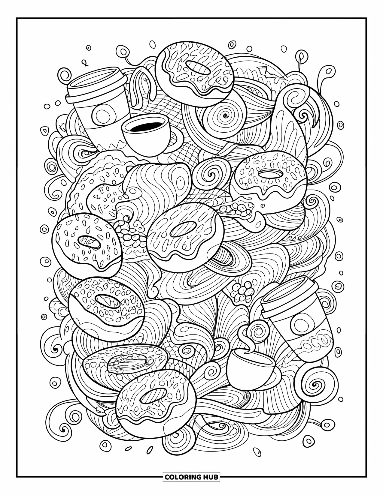Donut Kleurplaat voor Volwassenen: Een ingewikkelde koffie- en donutdoodle, met gedetailleerde wervelingen en decoratieve elementen