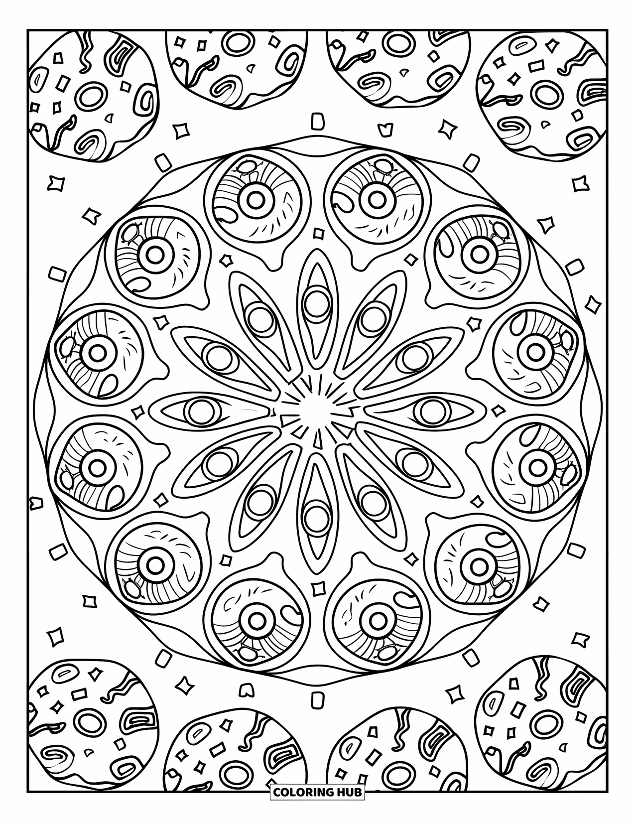 Donut Kleurplaat voor Volwassenen: Een ingewikkelde donutmandala met decoratieve glazuurwervelingen en artistieke patronen
