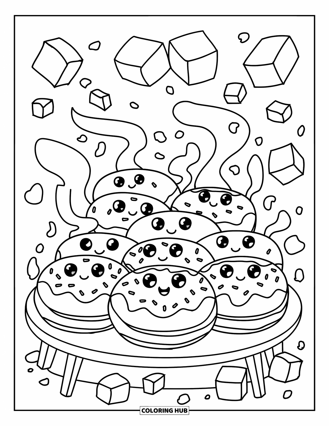 Donut Kleurplaat voor Volwassenen: Vrolijke donuts zitten rond een lage tafel, thee te drinken en zoete lekkernijen te delen