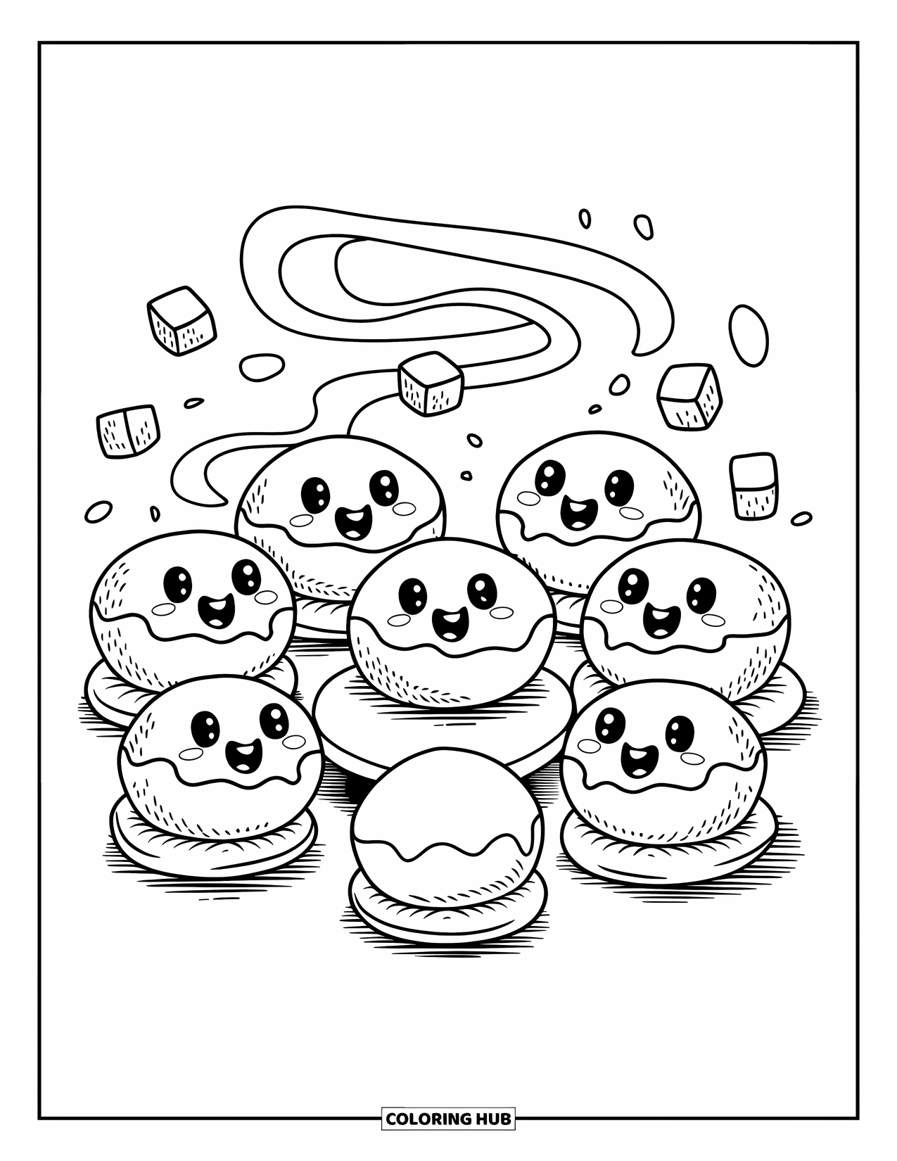 Donut Kleurplaat voor Volwassenen: Lachende donuts genieten van een warme bijeenkomst, omringd door zwevende suikerklontjes en stoomwervelingen