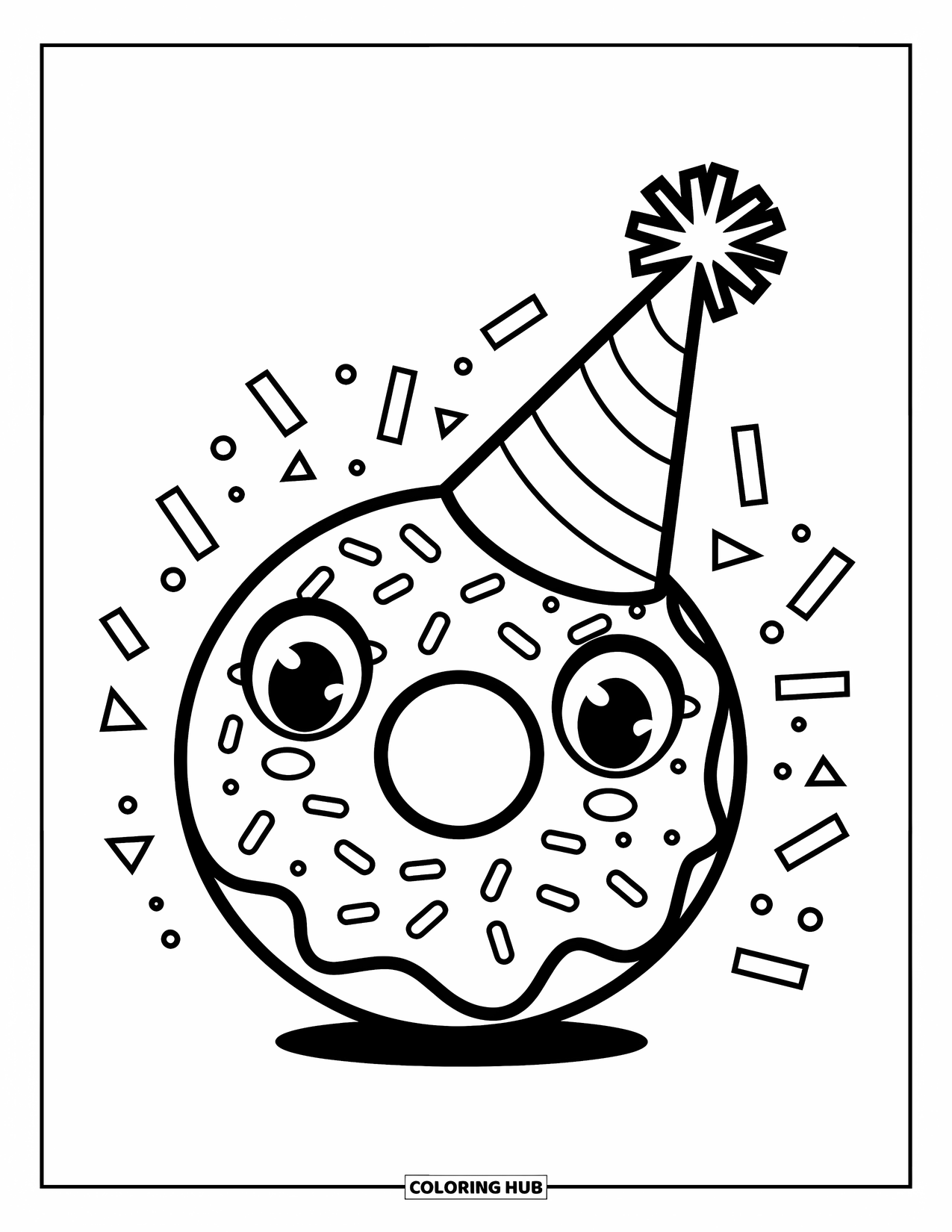 Donut Kleurplaat voor Kinderen: Een vrolijke donut met een feesthoed, omringd door confetti, voor leuk kleurplezier